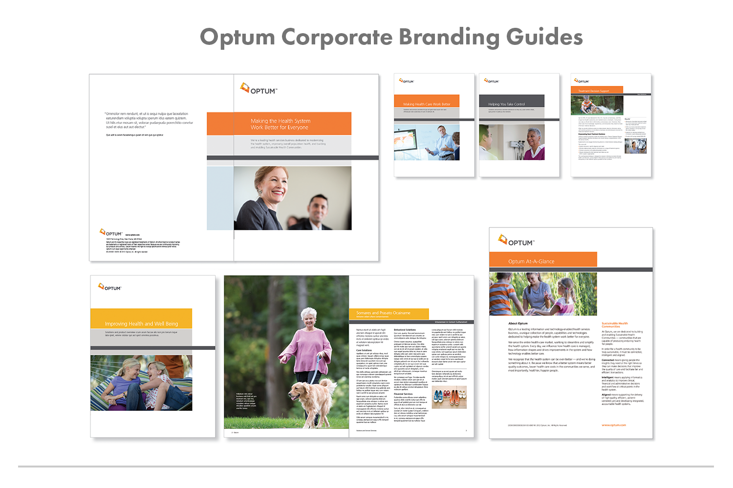   Our challenge  was to adhere to the established corporate branding in OPTUM. We found ways to respect the existing identity while bringing new elements to life through colors, type, and use of photography. 