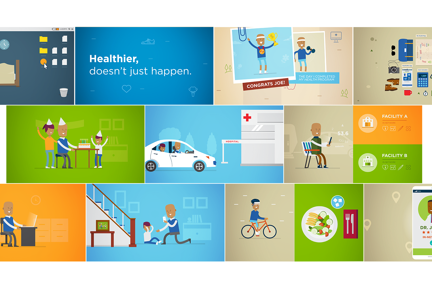  We designed  approachable and fun illustrations to depict otherwise overwhelming and intimidating scenarios.   The stories focus on all the steps an employee can take to engage with their benefits and conveys a sense of emotion and storytelling. 