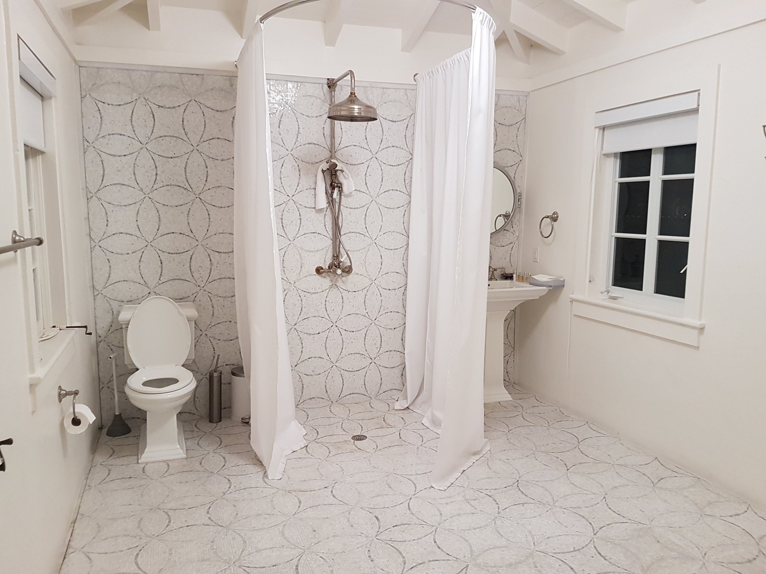 Shower room in pool cabana. (Jane Adey)