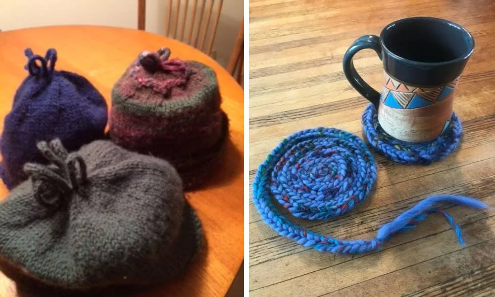Here are 3 hats that have a cluster of Lucet cords on top. I prefer them rather than the usual Pom-Pom. From Bonnie Walstrom Matching coasters, made from coiled Lucet cord by Aaron Great ideas and awesome job to you both!