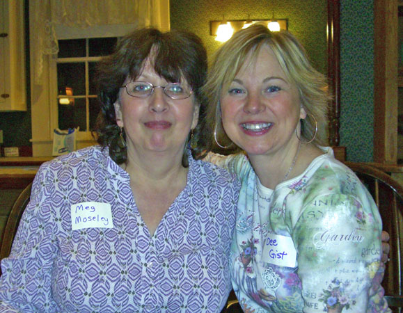 Once we arrived, the first thing on the agenda? Find my critique partner, Meg Moseley. She & I have been critiquing since 2004, but hadn't seen each other in several years. (We do all our critiquing via the phone & internet.) She just signed a contract with Waterbrook! Woo-hoo! This was her first official function as a published author. :)