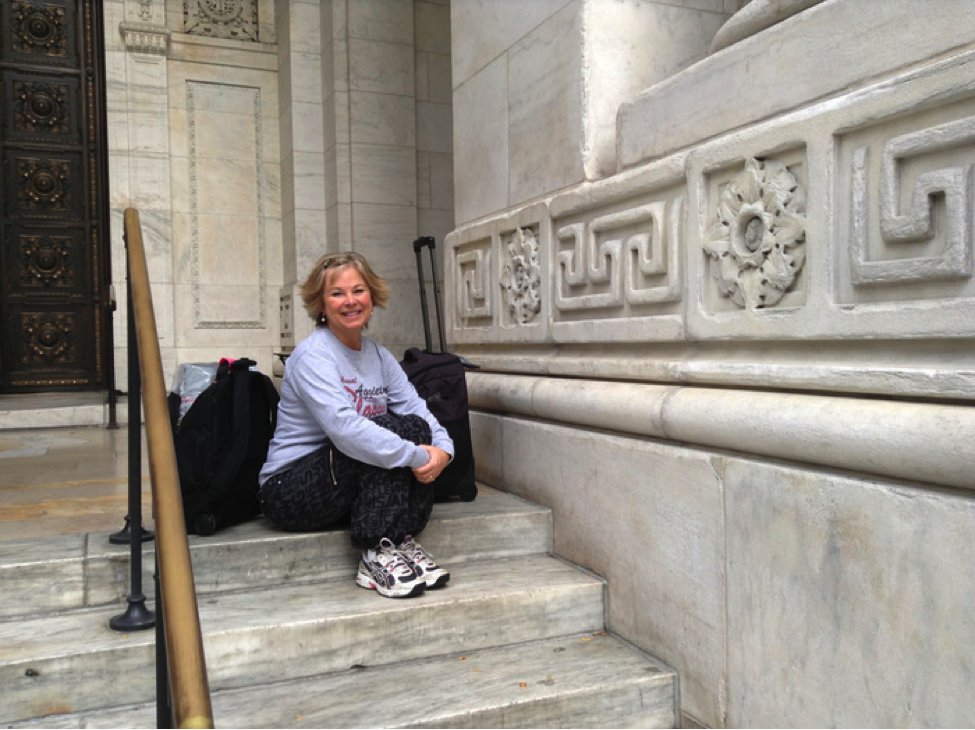Just arrived, on the steps of the New York City Library