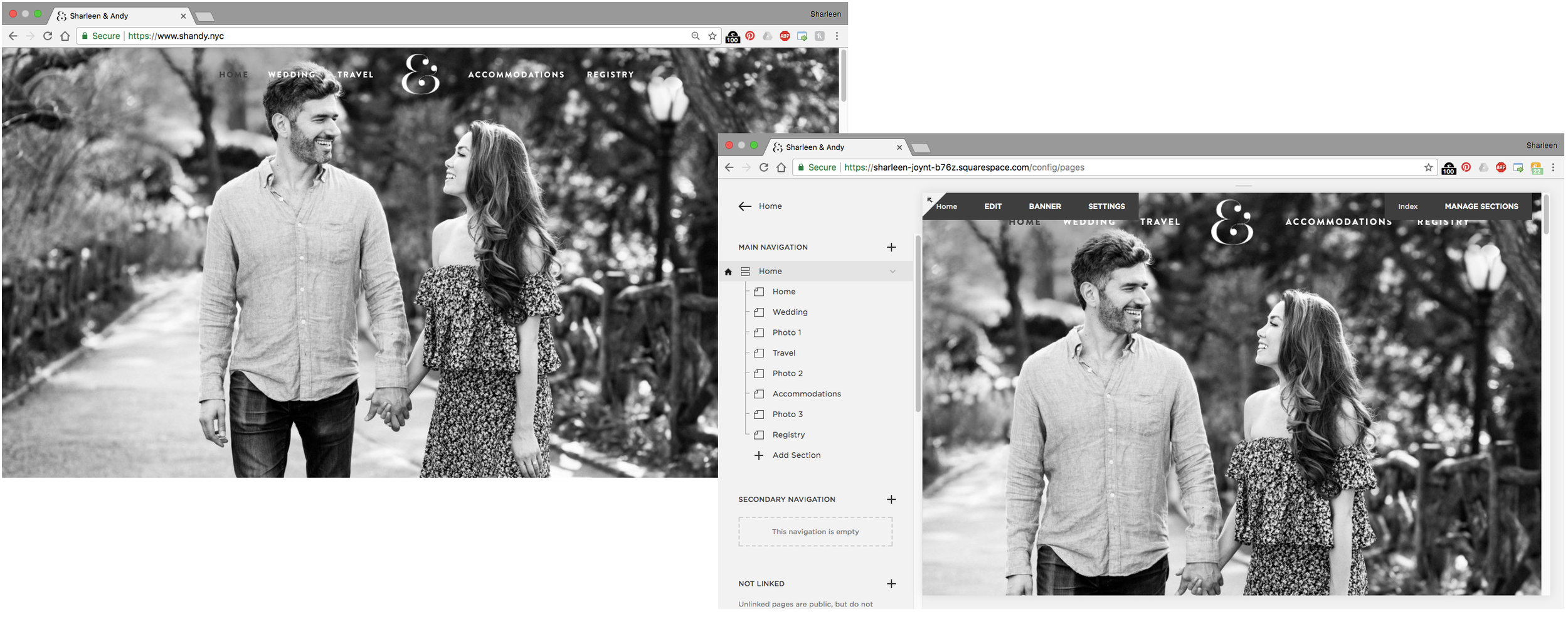 Squarespace's Dashboard and the finished product.