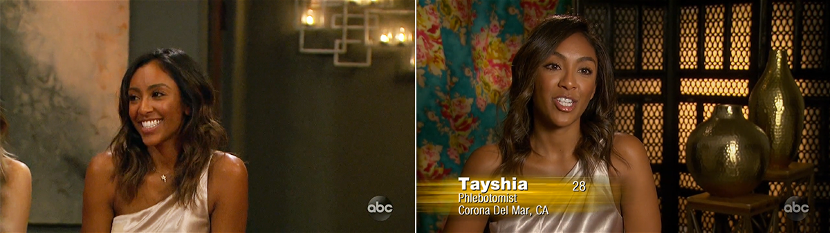 I could not for the life of me find a Night One ITM of Tayshia’s but note the lack of necklace in the Pick-up.