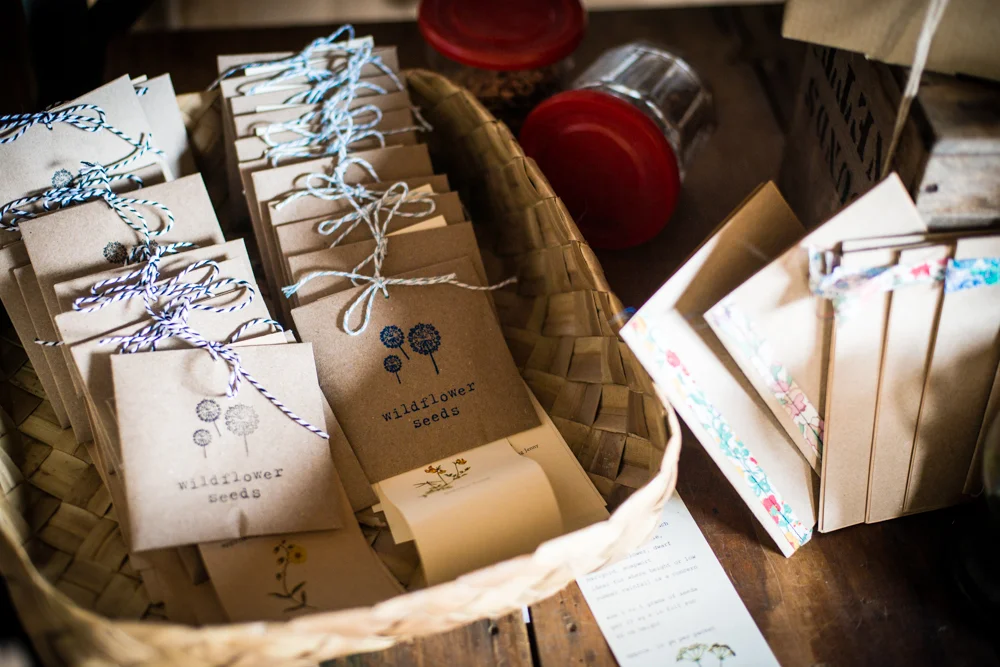 wildflower seed packets and brown paper notebooks