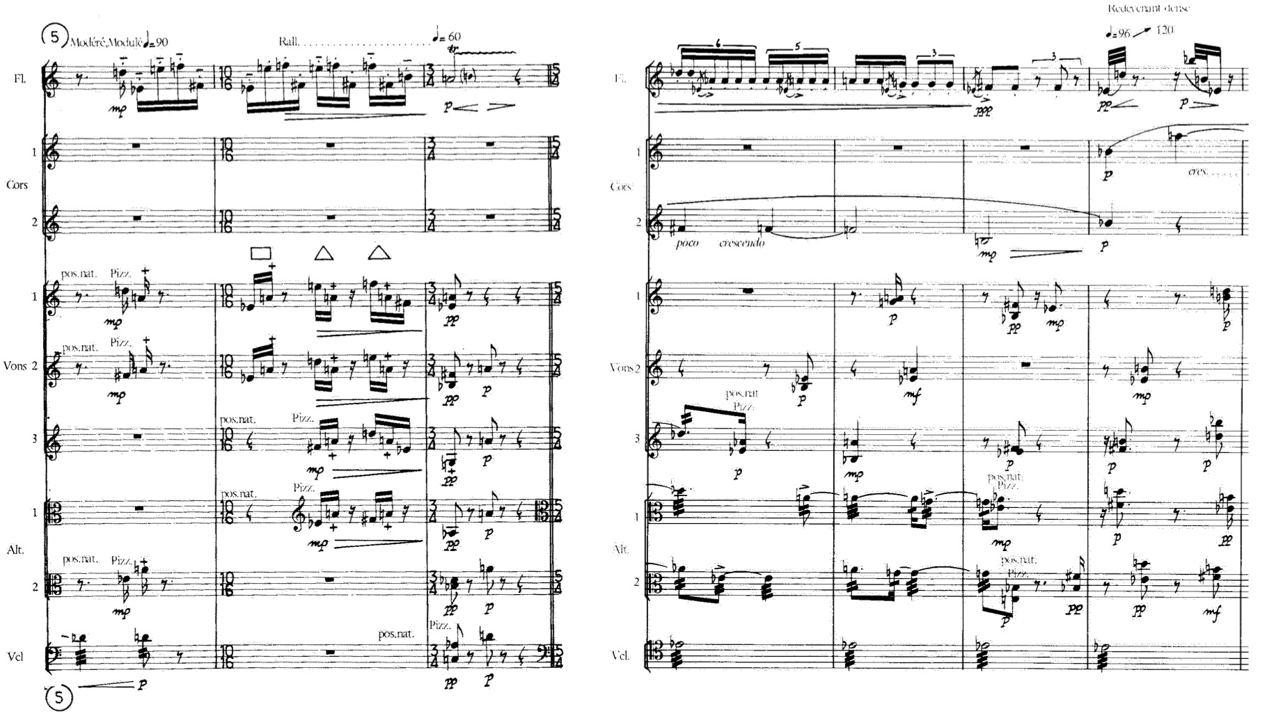 Example 9: Comparing pizzicato independence. (L) Reh. 5, (R) Reh. 23. (Violins 1 & 2 are playing pizzicato, as well as the violoncello.) Pierre Boulez, M émoriale. 