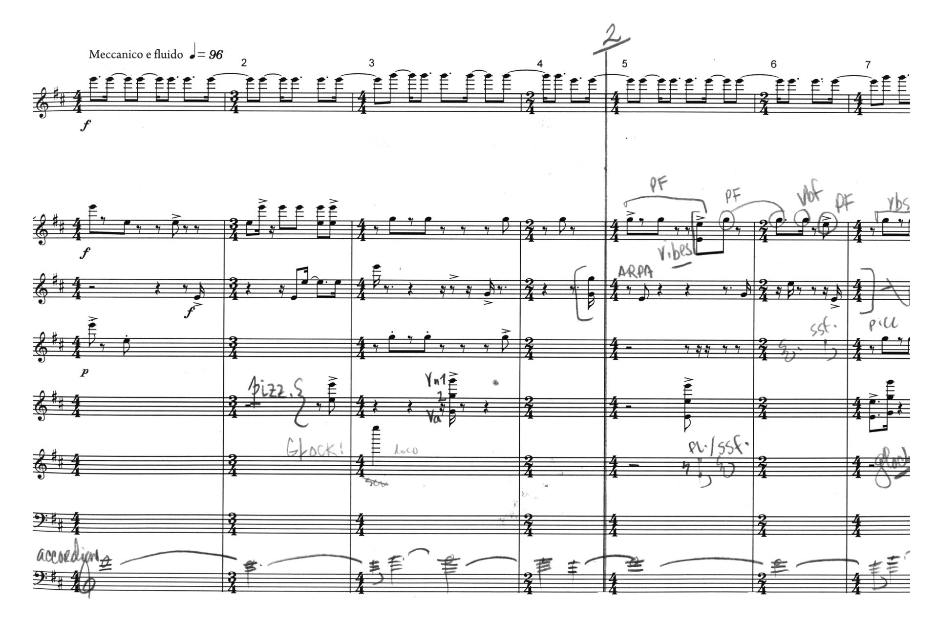 Example 11: Th e sketch score of the opening measures. Note the three distinct refracted lines. e at ing fi lumena lionheart, mm. 1 – 7. 
