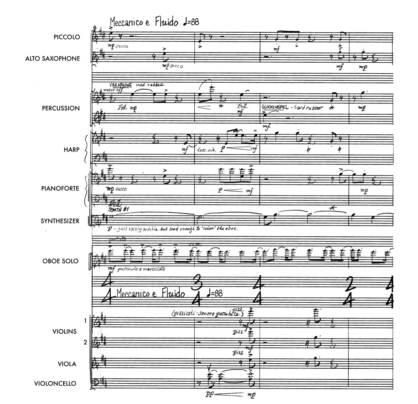 Example 12: Final score of the opening of Tale One. Note how the orches- tration further di ff uses the refracted lines. I bid. , mm. 1 – 4. 