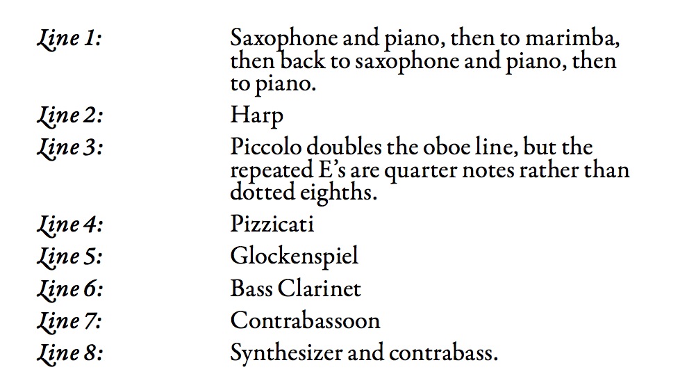 Figure 3: Orchestration of the distilled line in mm. 14–16. 
