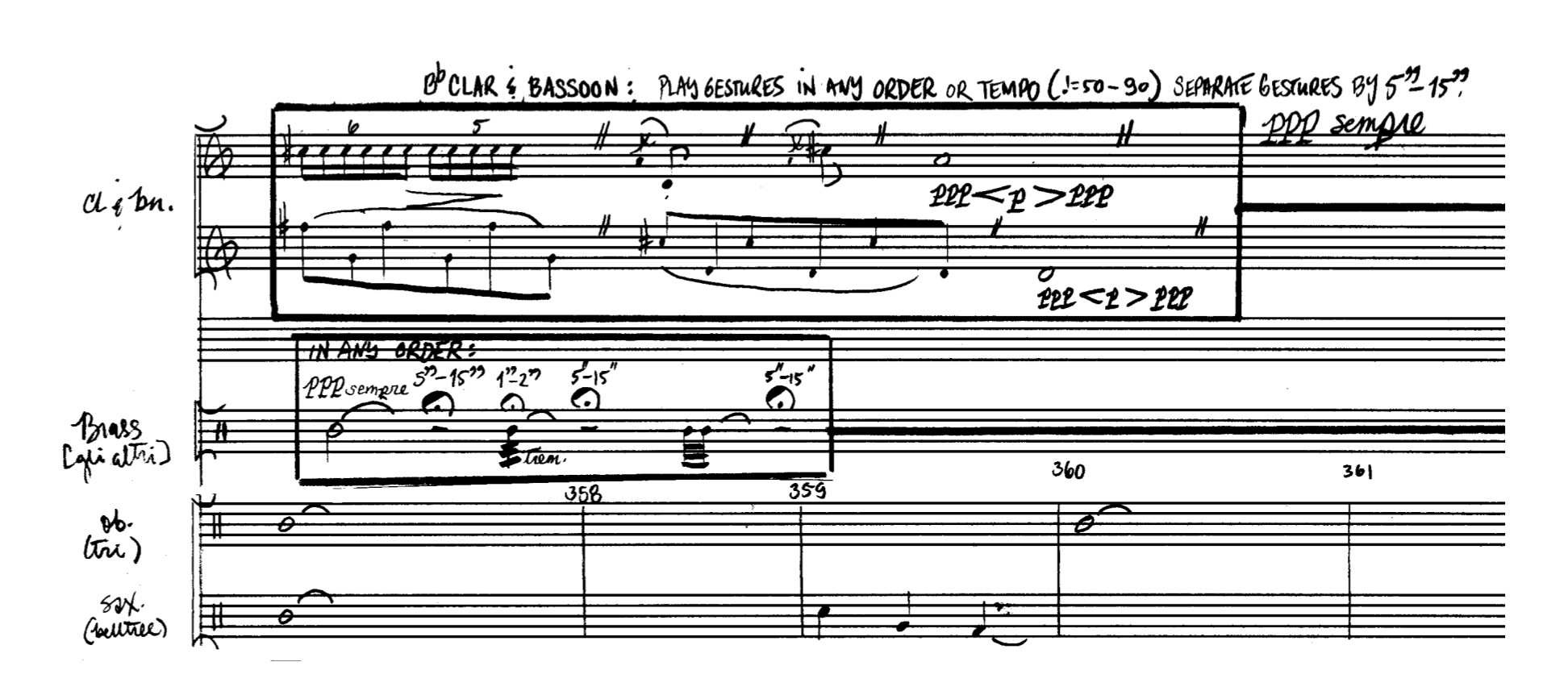 Example 17: Beginning of the winds and metallic aleatoric section, Cycle 5. m. 357, extract. 