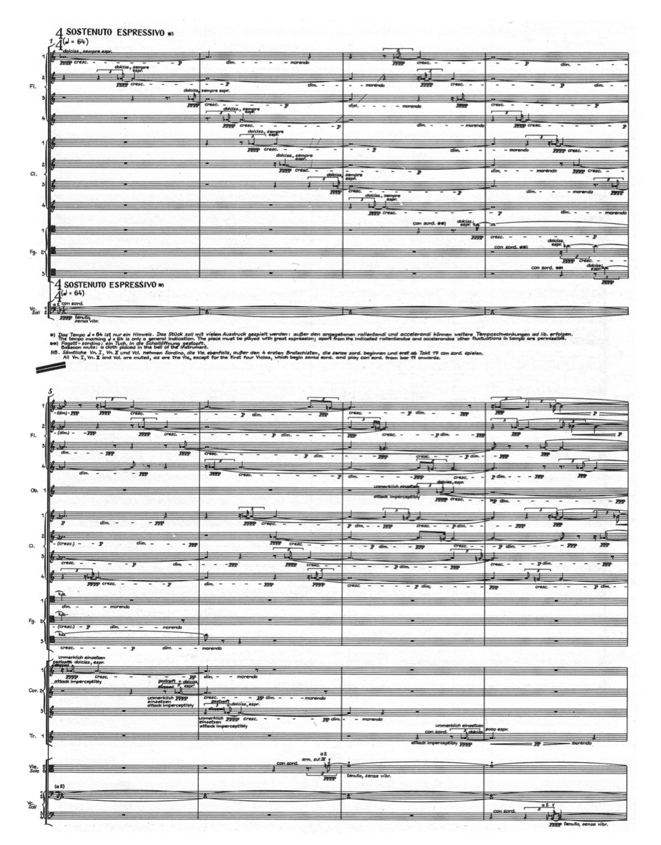Example 19: Th e opening measures of György Ligeti’s L on ta no . Note the homogenous timbre of fl utes, clarinets and bassoons slowly being paired with stopped horns and muted trumpet in m. 5 – 8. 
