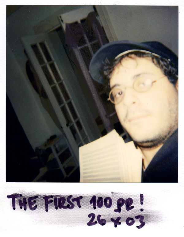October 2003 — way earlier than the time period in question. This is a Polaroid selfie (retronymically) of me holding the first 100 pages of Beckett. This is in my apartment on Thayer St. in Rochester, NY.