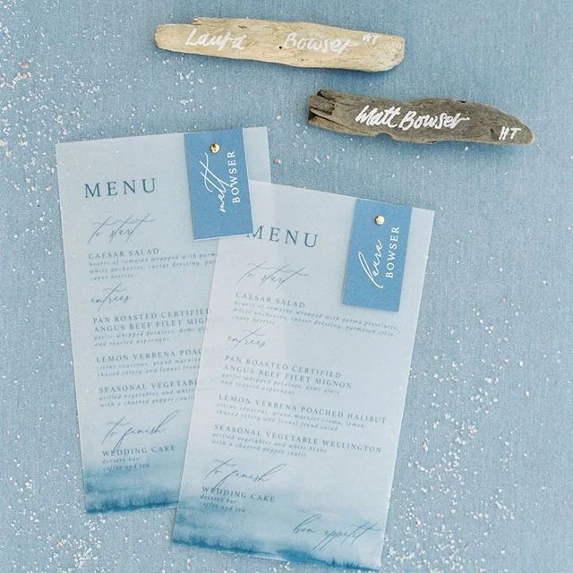 Pretty and modern menus on vellum with a touch of driftwood.  We love putting together all the pretty design details for our couples to make it special for their guests!  Planning and design @charmedevents photo @jen_rodriguez calligraphy @blushtype 
