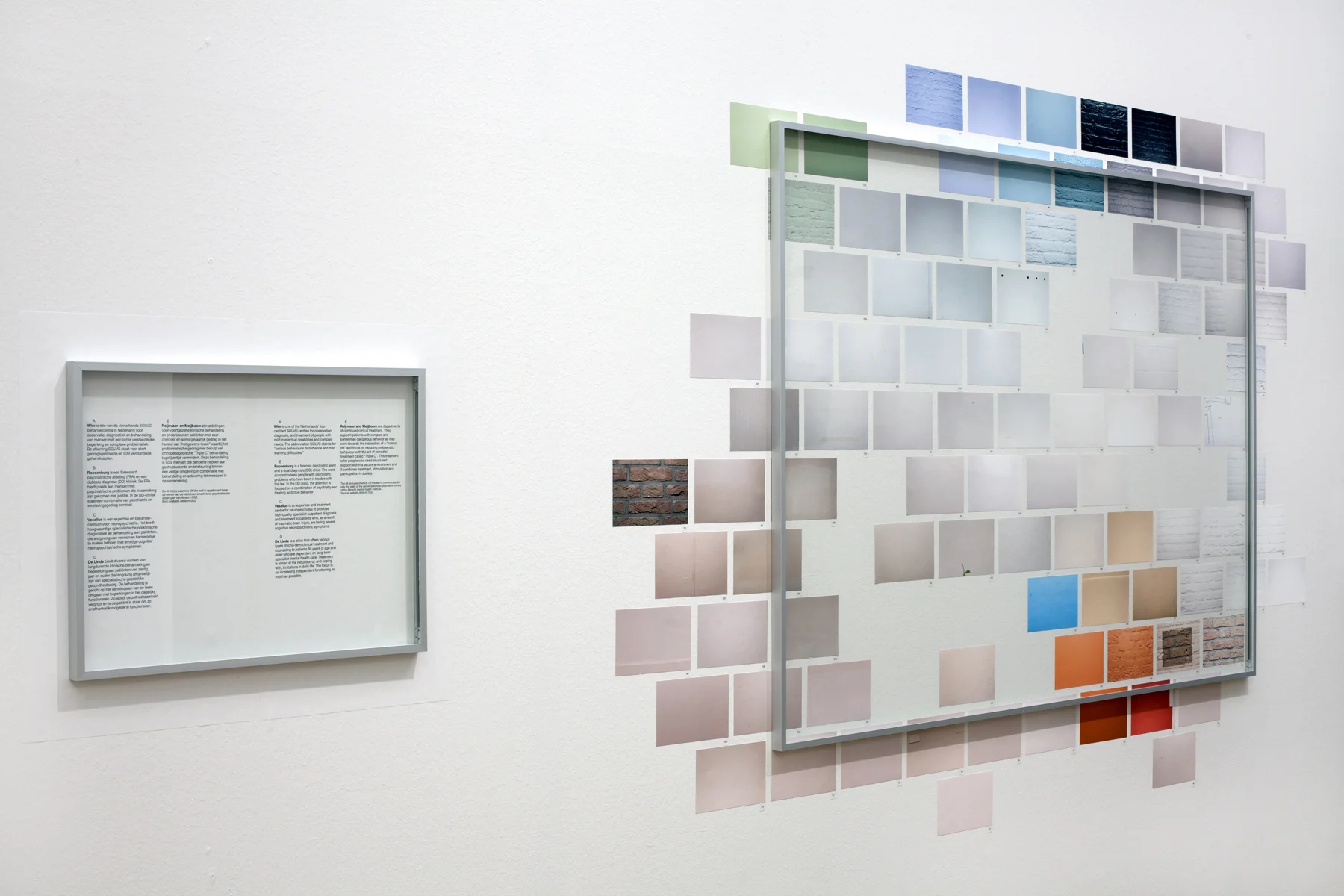 Off the Wall, Photo / Text installation, Size photo-part :156 x 110 cm, size text part: 51 x 42 cm, 96 photo-stickers of each 8-12 cm, 1 frame 80 x100 cm and 1 of 30 x 40 cm