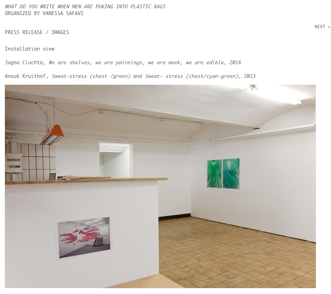 group exhibition at CHERT gallery in Berlin!
18/07/2014
WHAT DO YOU WRITE WHEN MEN ARE PUKING INTO PLASTIC BAGS ORGANIZED BY VANESSA SAFAVI
Opening July 18, 2014 Marco Bruzzone Jagna Ciuchta Nuri Koerfer Anouk Kruithof Elise Lammer Lauris Paulus Paul Branca Fabio Marco Pirovino Sarah Schoenfeld Clemence Seilles Jesper List Thomsen Thomas Adank and Vanessa Safavi