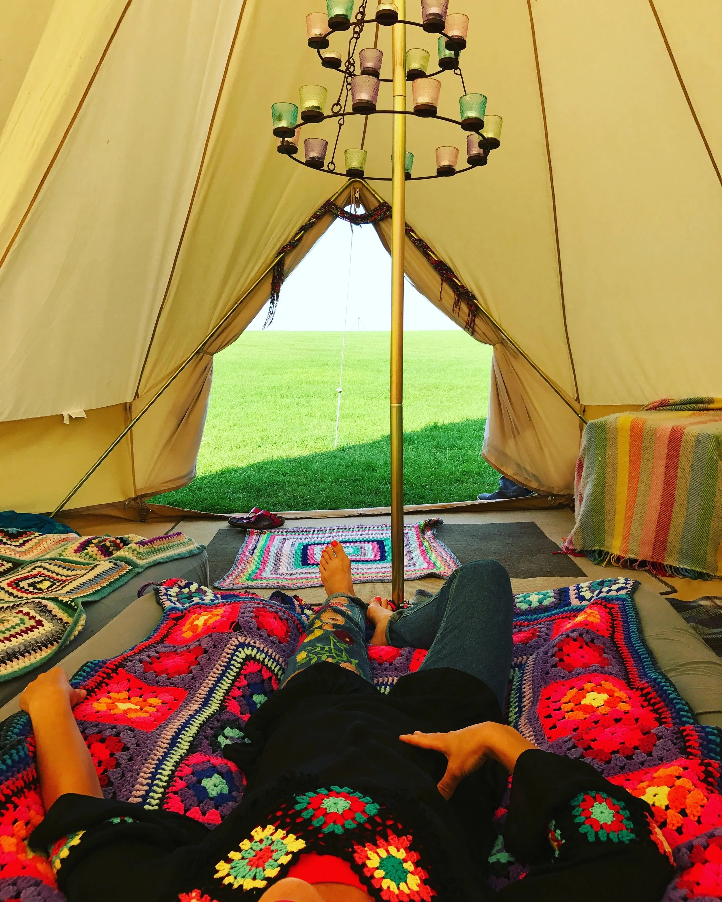 Camping with Soul - I love my bell tent and I've buying vintage crochet blankets for years. 