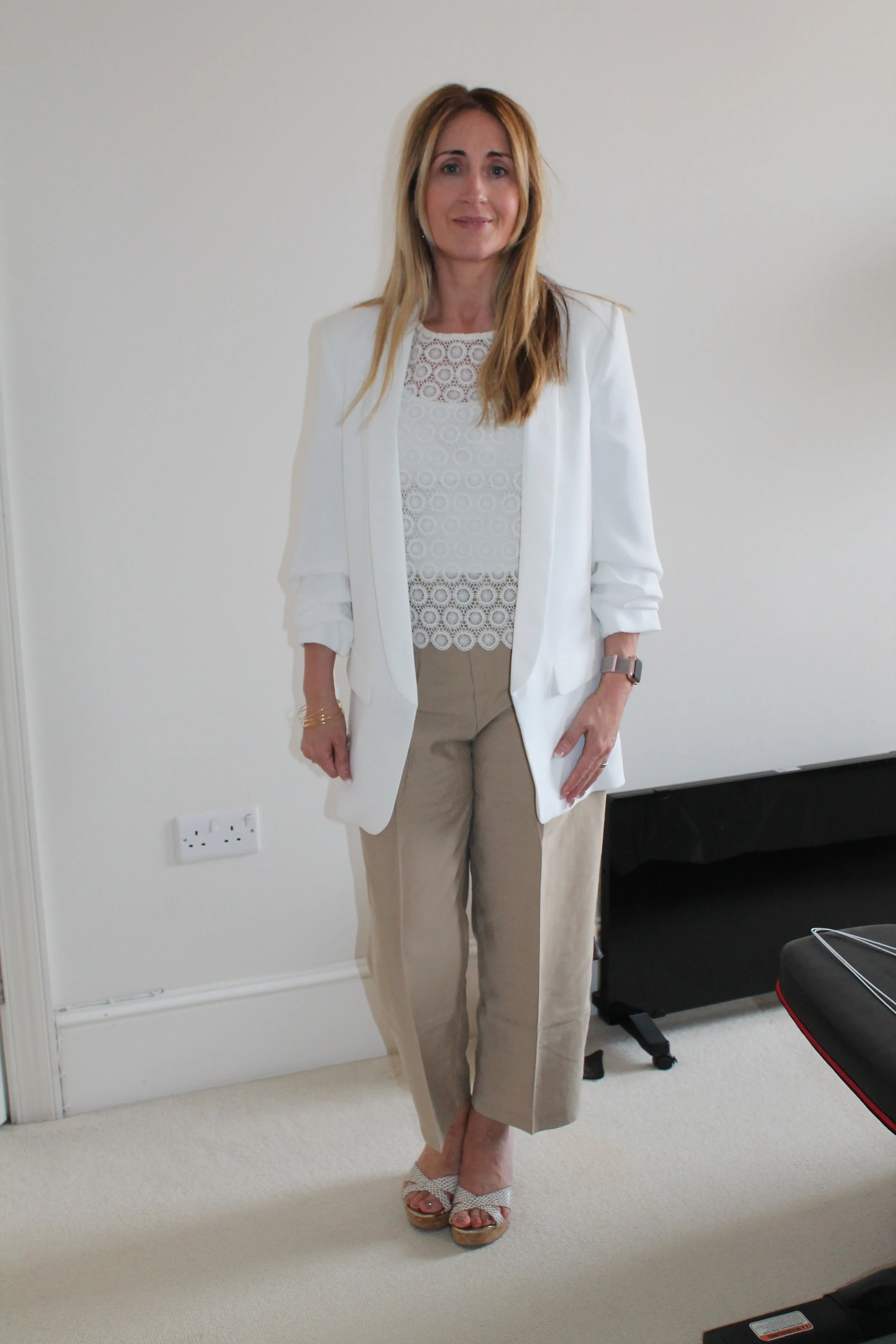 Making the white tuxedo work at work with tailored wide leg culottes