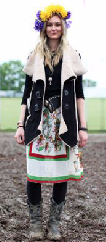 Love this skirt worked with old cowboy boots, belt. The flower head dress makes the outfit.