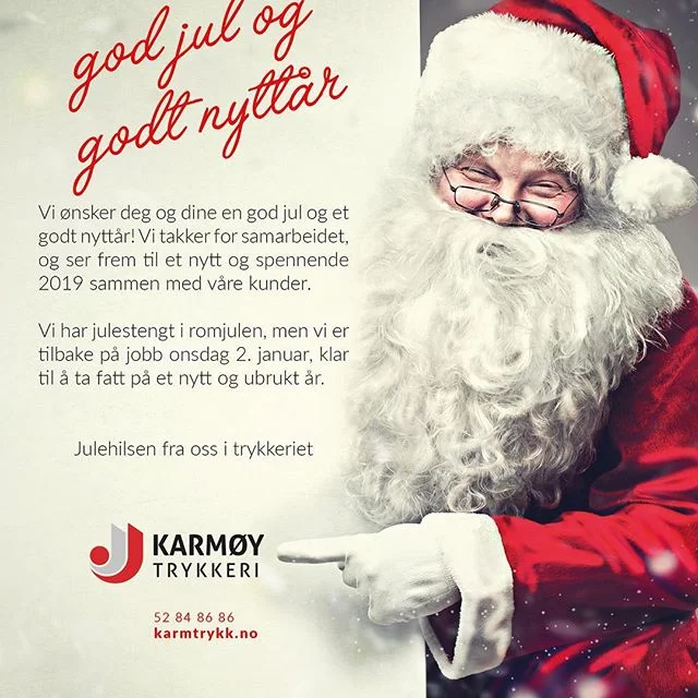 Vi ønsker deg og dine en god jul og et godt nyttår! Vi takker for samarbeidet, og ser frem til et nytt og spennende 2019 sammen med våre kunder.
Vi har julestengt i romjulen, men vi er tilbake på jobb onsdag 2. januar, klar til å ta fatt på et nytt og ubrukt år.
Julehilsen fra oss i trykkeriet @karmtrykk #trykkeri #trykksaker #storformat #bok #design