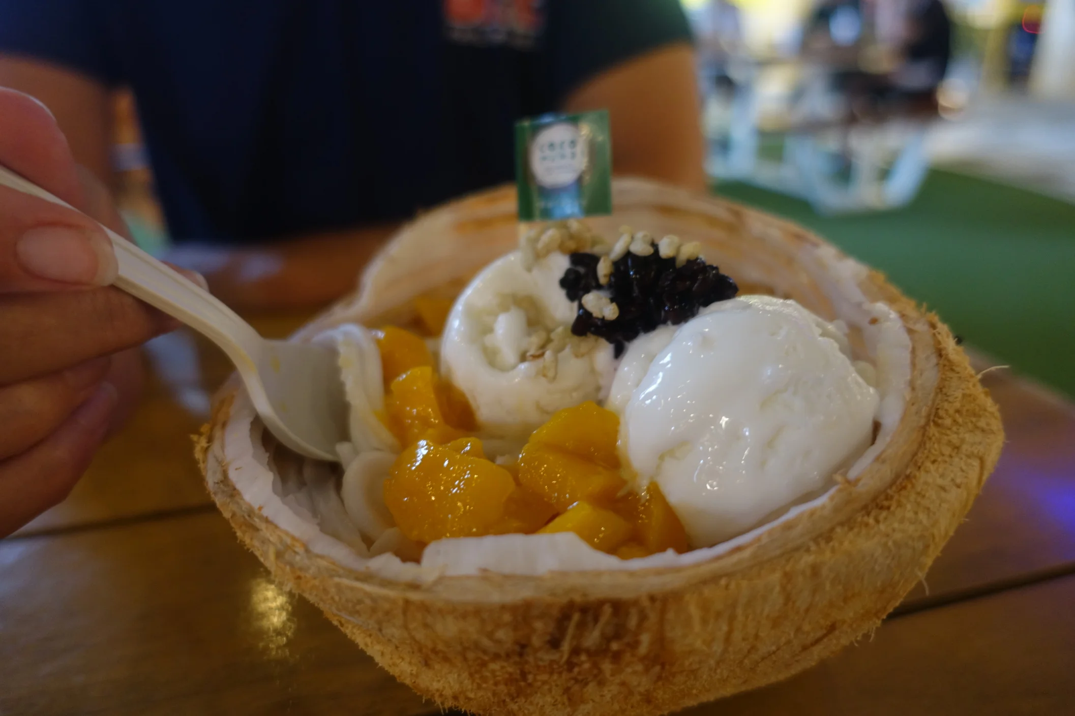 Our favourite treat; fresh jel-like coconut flesh, scrapped off the shell, topped with mango, coconut ice-cream and black sesame seeds. We queued for one hour to get one on our last day!