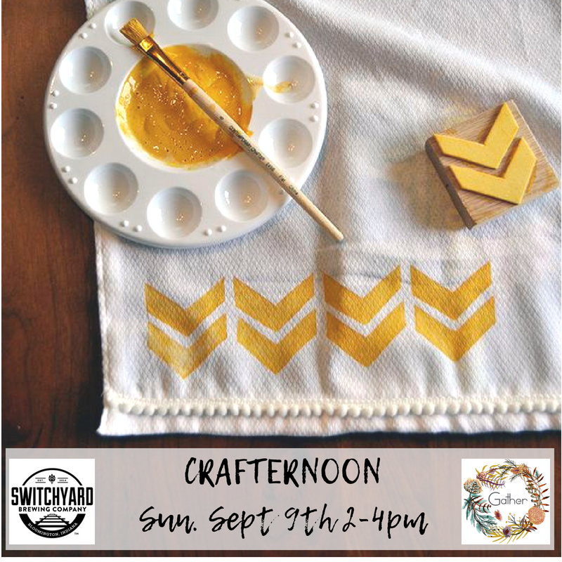 Come make your own personal stamped tea towel with Gather at Switchyard for our September Crafternoon! Register here, online, by September 7th for $15 and your ticket INCLUDES 1 beer, and the cost of all materials to make your tea towel. Register day of, in person at Switchyard, for $15 and your ticket includes the cost of materials only. (that means you get a free beer when you register early!) All skill levels and ages welcome! Event takes place Sunday, September 9th, 2-4pm at Switchyard, located at 419 N. Walnut. Tickets: https://squareup.com/store/gathershoppe/item/share-our-craft-stamped-tea-towel