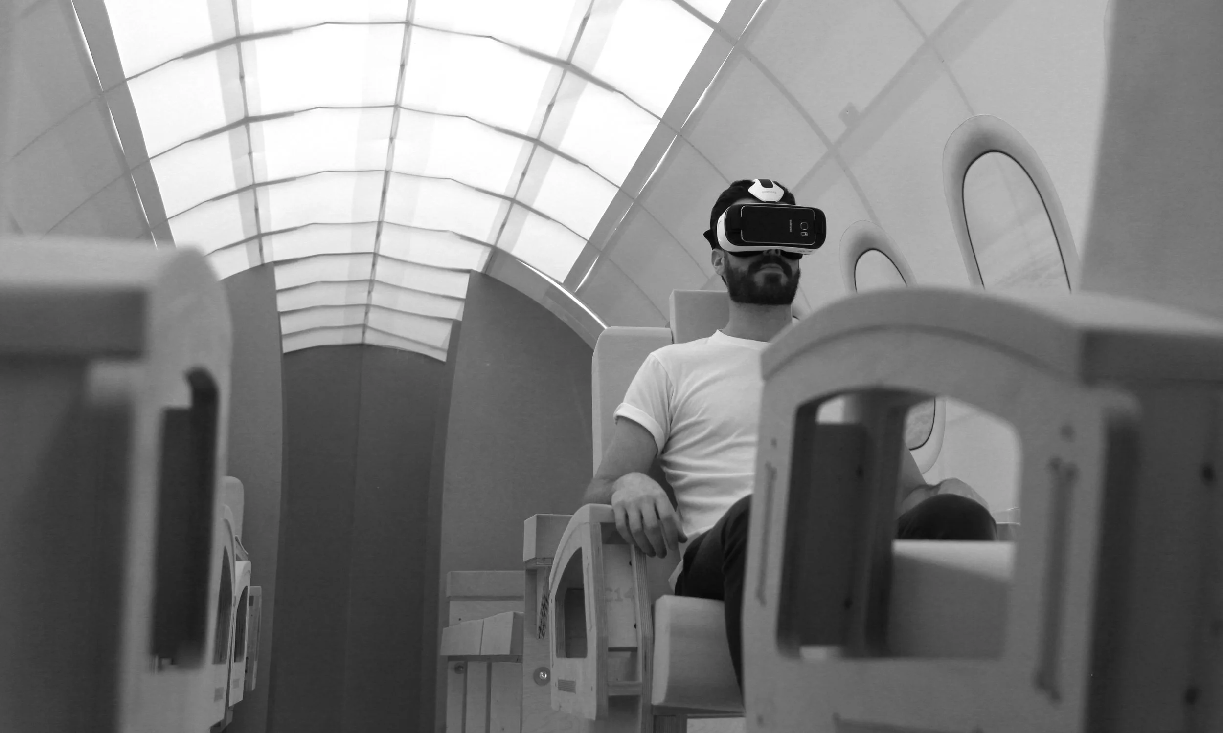 One of our designers virtually experiencing a concept design for the Aerion AS2 interior, inside the full size mockup