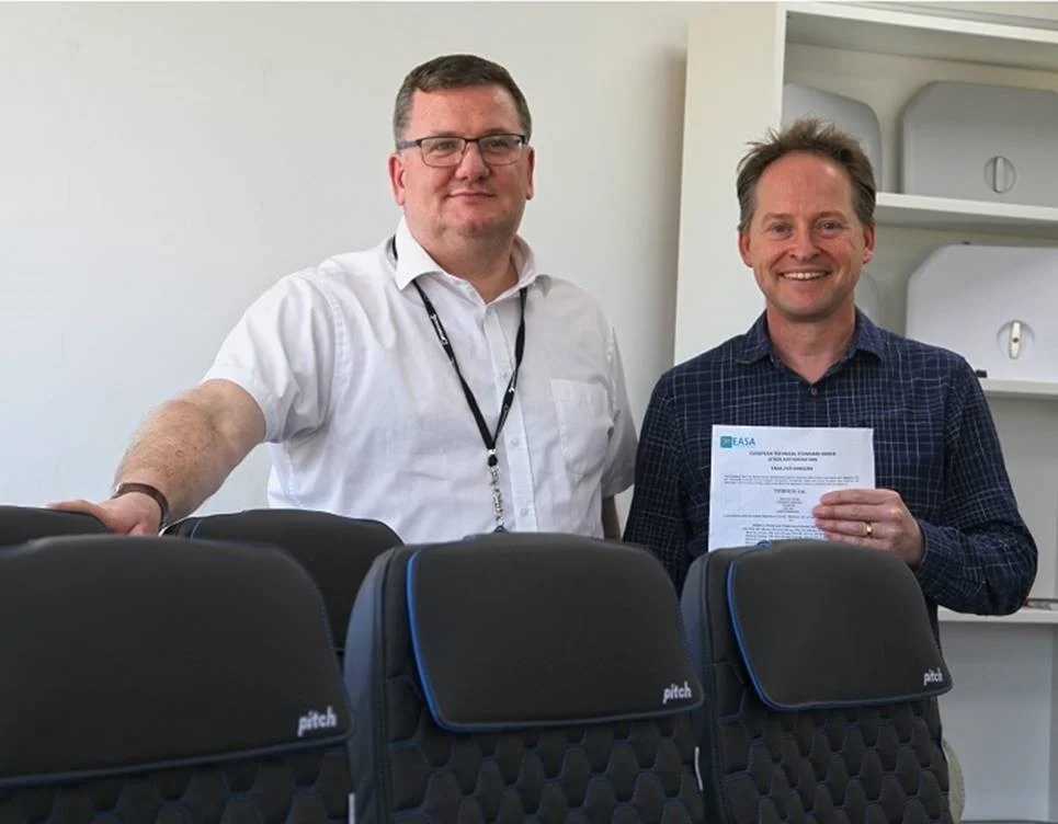 PITCH Managing Director, Paul Broadaway, and Director, Gary Doy, proudly show the PF3000 EASA ETSO certificate.