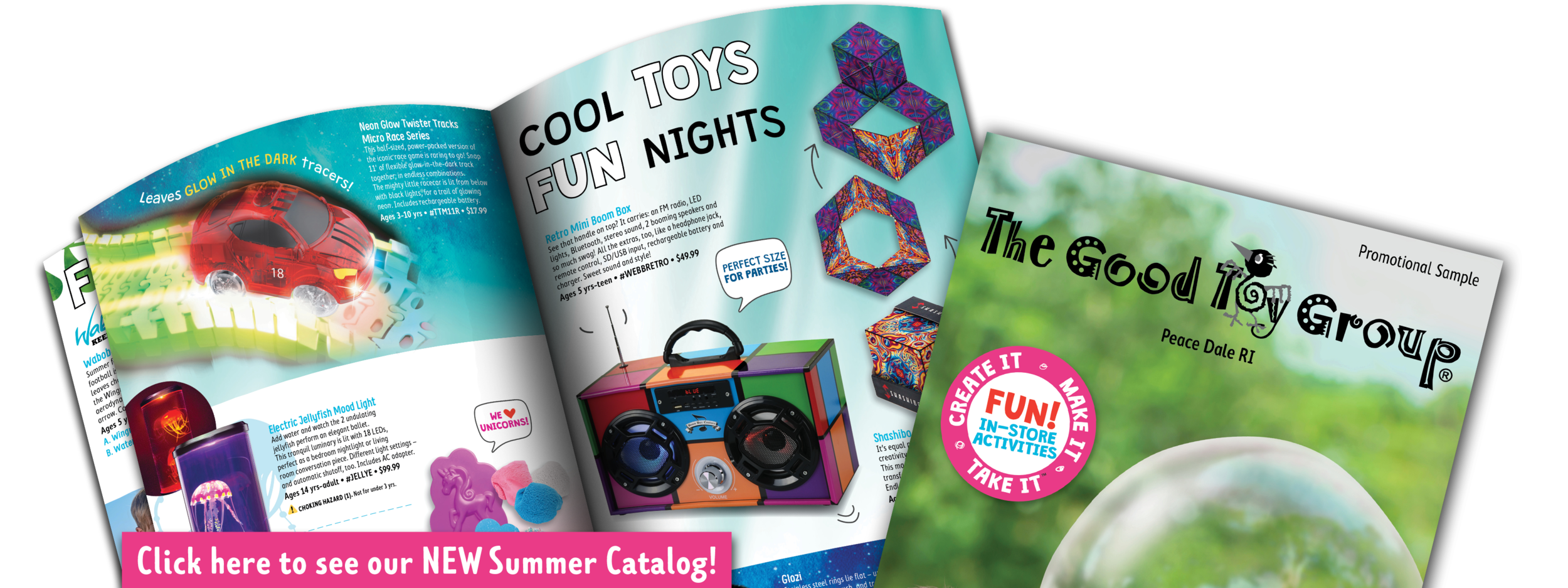  Web Banner for the summer catalog of members of The Good Toy Group. Graphic, as well as page spreads featured, were designed in our studio. Product images featured provided by their respective companies and producers. 2019. Catalog created in InDesi