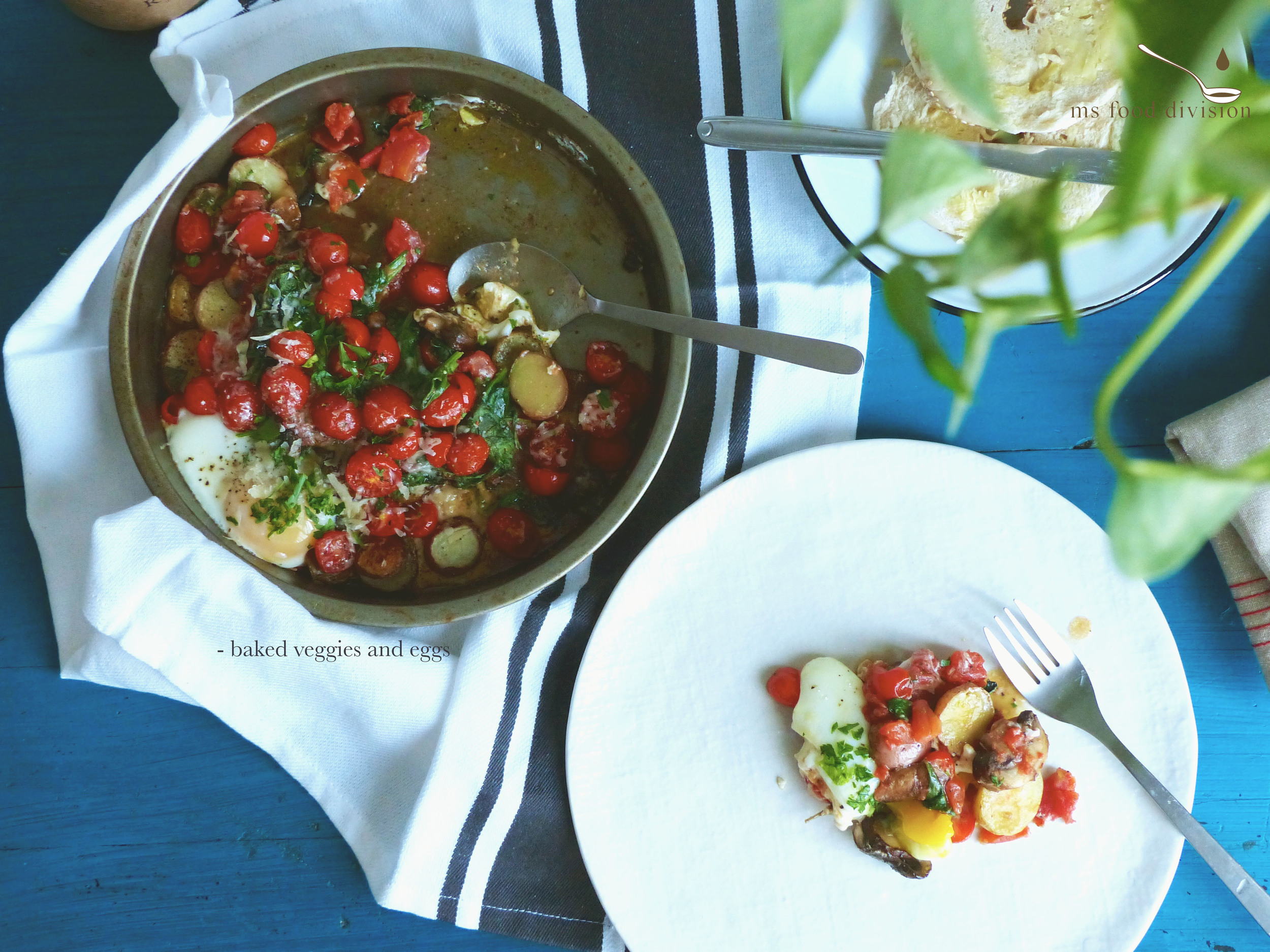 This dish is perfect for two persons. Ingredients: 5-6 small potatoes, cut in edible sizes as you like a handful of cherry tomatoes, halved a bowl of spinach 5-6 leftover mushrooms, chopped a handful of fresh parsley 1/2 can of diced tomato, dilute it with 1/4 cup of water 2 eggs 2 cloves of garlic, chopped 1/4 glass of white wine grated parmesan a sprig of sage, chopped extra-virgin olive oil Instructions: 1) Preheat the oven at 380°F 2) Drizzle some oil on the baking tray, add potatoes, sage, and season 3) Heat up a frying pan with oil, add garlic, let it cook for a couple minutes in medium heat 4) Add mushrooms and a splash of white wine; cook for 3-5 minutes 5) Add spinach and cook for less than a minute, season and set aside 6) Remove the potatoes from the oven after 15 minutes and add the cooked mushroom and spinach on to potatoes 7) Add the watery chopped tomatoes with the fresh cherry tomatoes and return to bake in the oven for another 10 minutes; season 8) Crack two eggs on top of the veggies, season, and bake for another 5 minutes. 9) Garnish with parmesan and fresh parsley and ready to serve. 