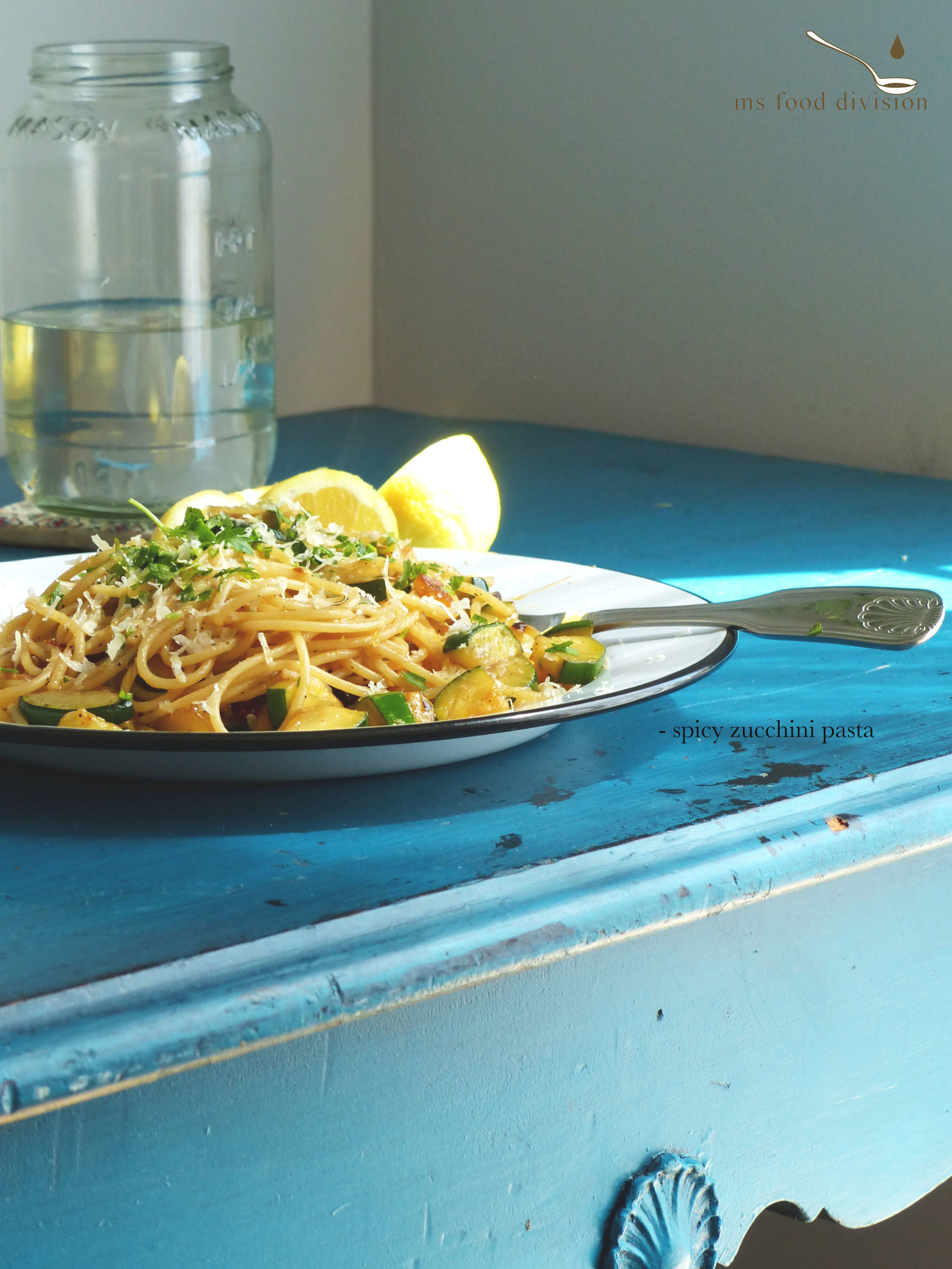 Ingredients: (for 1 person) 1/2 zucchini, shredded or thinly sliced in edible size as you wish 2 garlic, finely chopped 2 sun-dried tomatoes, thinly chopped 1 chili, finely chopped 1/2 lemon zest 1/3 lemon juice 1 handful chopped parsley or basil 1 tbsp parmesan 100g cooked pasta, cook it according to the packaging label, save a little (1/4 cup) pasta water extra-virgin olive oil Instructions: 1) Preheat saucepan with oil under medium heat 2) Add garlic and chili, cook and constant stir to avoid burning for a minute 3) Add zucchini and sun-dried tomatoes; cook for 5-8 minutes; season; turn off the fire if the pasta is not ready yet. 4) Add cooked pasta and pasta water to the saucepan; stir for 30 seconds 5) Add lemon zest, parmesan, and garnish with basil. 6) Drizzle a little oil on top, lemon juice and serve!! :) Quick and simple!! 