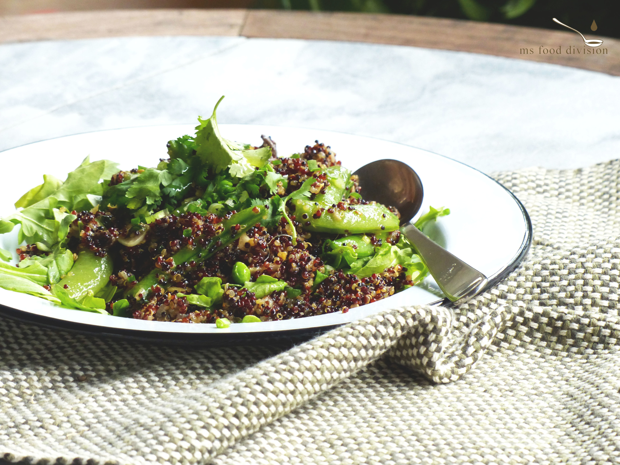 an asian flavored quinoa salad - gingery mushroom and sugar snap peas quinoa