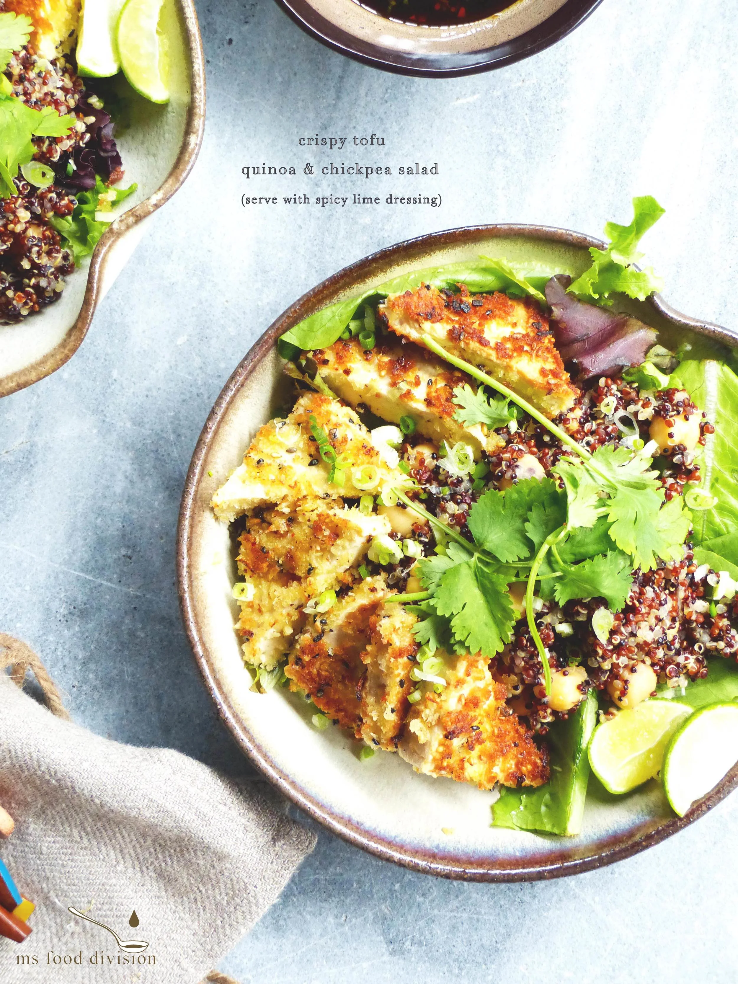 tofu, quinoa, and chickpea -- this is definitely a protein boost salad Servings: 2 persons Preparation Time: 15 minutes Cooking Time: 15 minutes Ingredients: salad: 150g extra-firm tofu, squared or triangled 1 cup cooked quinoa, seasoned 1/2 can chickpea, drained and rinsed 1-2 shallots, finely chopped 1 garlic, finely chopped 1 cup panko breadcrumbs 1/2 chili, seeded, finely chopped 1 egg, whisked 1 tbsp sesame seeds 1 bowl fresh mixed greens 1 handful chopped spring onions 1 bunch fresh coriander dressing: 1 lime zest 1/2 lime juice 1/2 chili, seeded, finely chopped 2 tbsp soysauce 2 tbsp mirn 1 tsp rice vinegar 1 tsp grated ginger 1 tsp honey 1-2 tbsp olive oil 