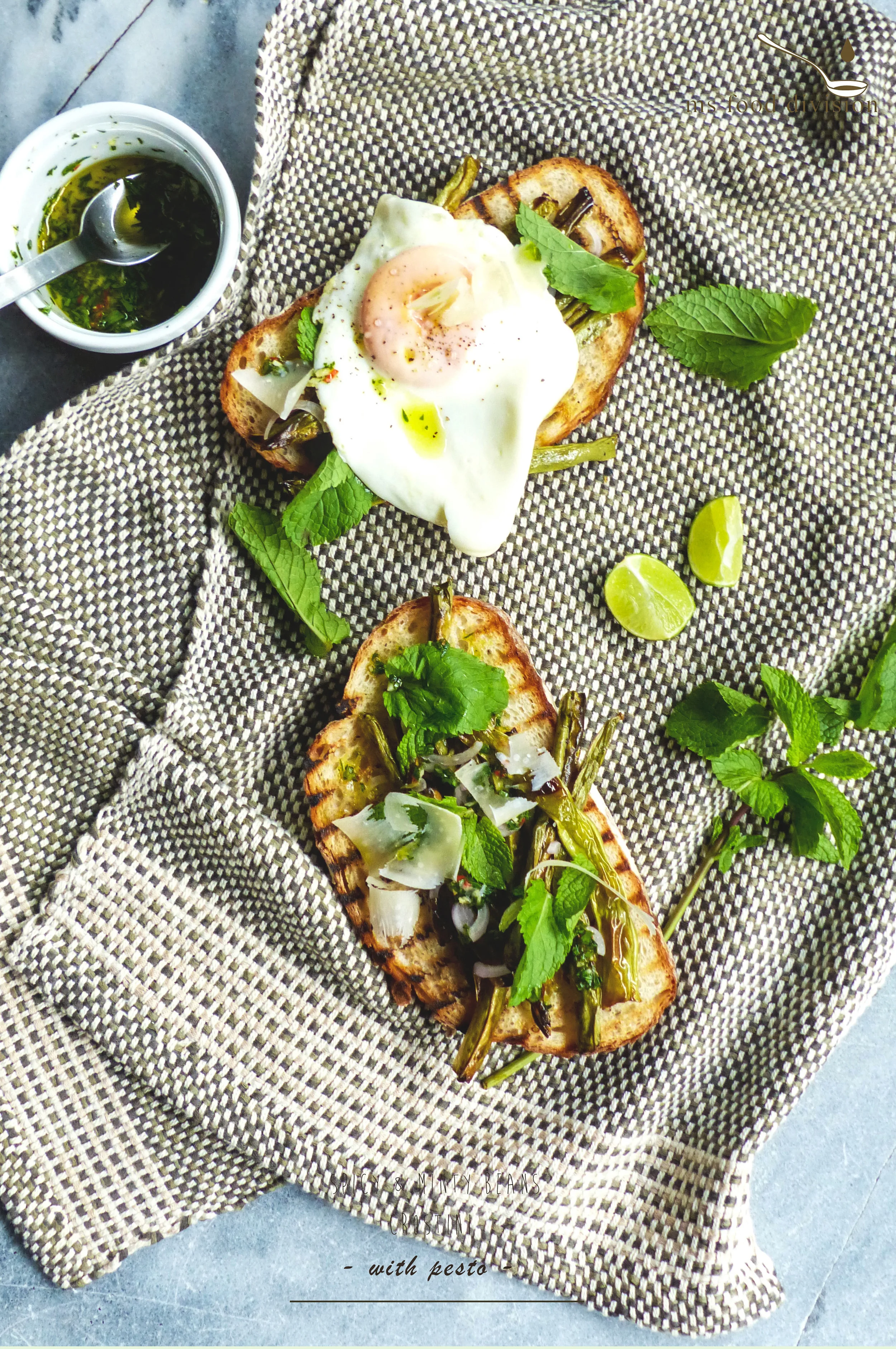 spicy & minty string beans crostini