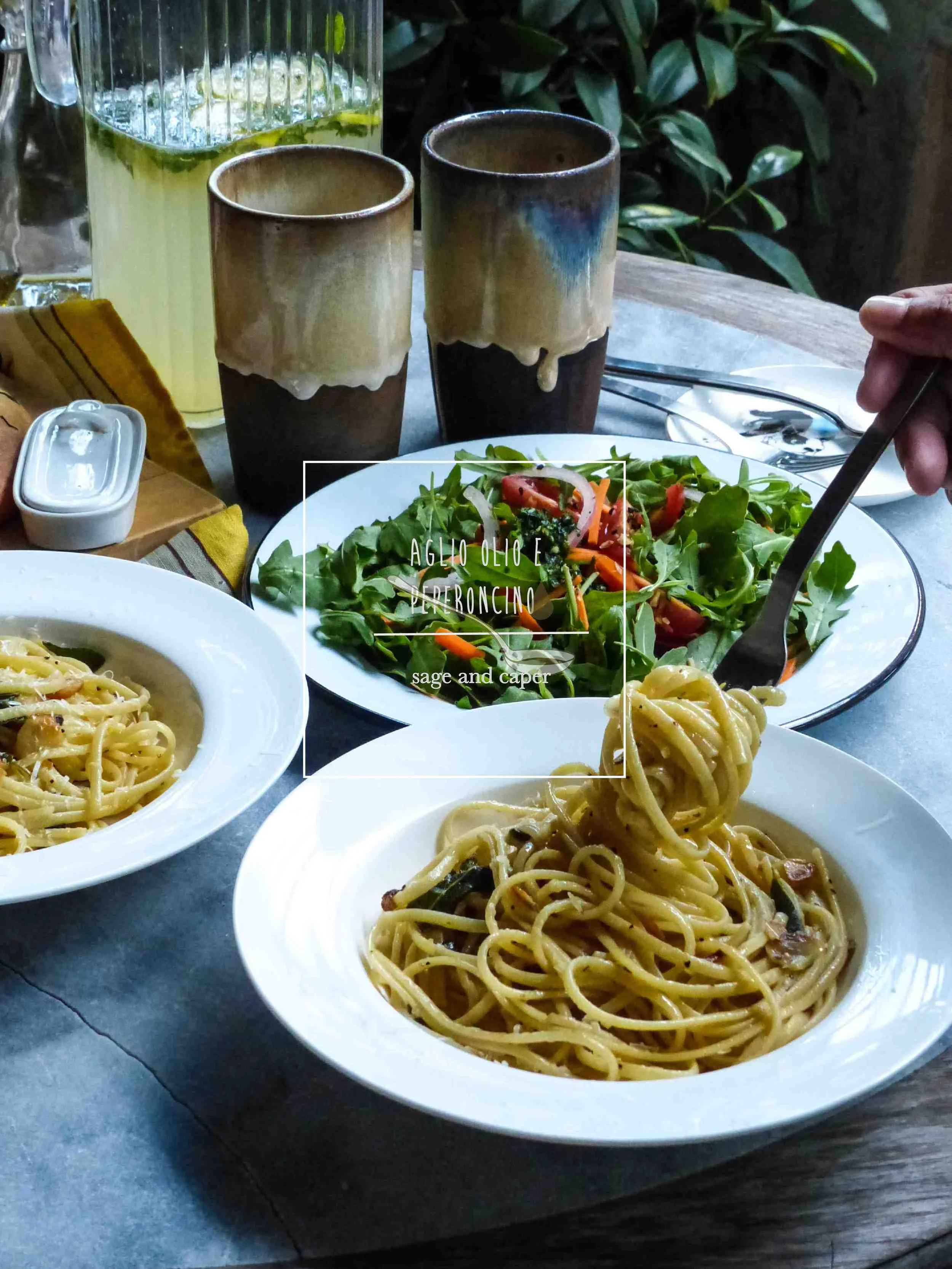 You can't get any simpler than a plate of aglio olio e peperoncino. Every family does it differently and here is our recipe. Preparation Time: 5 minutes ooking Time: 10 minutes Ingredients: (for 2 persons) 200g spaghetti/linguine 3-4 garlic cloves, finely chopped 1/2 red chili, finely chopped 1 sprig sage 1 small anchovy 1 tsp caper grated parmesan extra-virgin olive oil Instructions: 1) Bring a pot of salted water to boil. Cook pasta according to its package label. 2) Preheat a frying pan with olive oil on medium low heat, add garlic, sage, anchovy, and chili, cook for 2 minutes. 3) Reduce to low heat and let the garlic and herb to cook slowly so the fragrant and flavor would kick off. This should take about 5-7 minutes and watch out for burning the garlic. 4) Add capers and cook for about 1-2 minutes. Add 1/4 cup of pasta water to the frying pan along with the cooked pasta. Stir well and coat the pasta with the garlic oil and pasta water sauce. Heat off. 5) Transfer the pasta to a plate, Add some grated parmesan and a drizzle of oil before serving. 