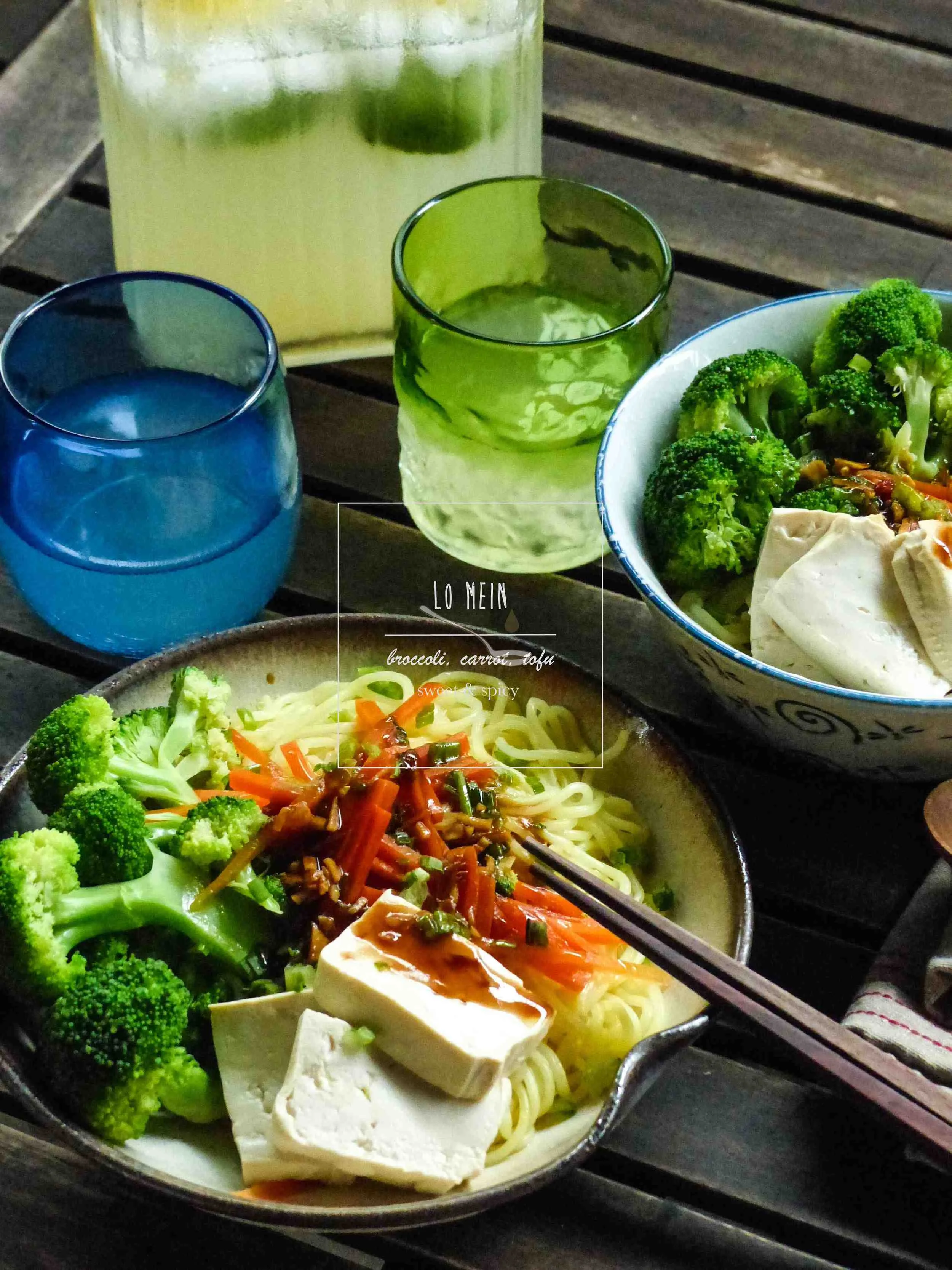 Servings: 2 persons Preparation Time: 10 minutes Cooking Time: 15 minutes Ingredients: 100g - 150g tofu, squared 1 broccoli, cut into florets 1/2 carrot, julienned 2-3 tbsp chopped spring onion 200g pre-made lo mein For the sweet & spicy sauce: 1 tbsp minced fresh ginger 1 garlic clove, finely chopped 1/2 chopped chili 1/4 cup soy sauce 1 tbsp mirin 1 tsp rice vinegar 1 tbsp brown sugar 1 tsp white flour sesame oil extra-virgin olive oil Instructions for lo mein: 1) Bring a pot of salted water to boil. Blanch vegetables and tofu separately with the same pot of hot water. After blanching, set the vegetables and tofu aside. 2) Blanch the pre-made lo mein and transfer the noodles and vegetables & tofu to a plate. 3) Garnish with sweet and spicy sauce, chopped coriander and spring onions before serving. Instructions for the sweet and spicy sauce: 1) Preheat a small frying pan with olive oil on medium-low heat, add garlic and ginger. Stir frequently and cook for 1-2 minutes. 2) Add soy sauce, mirin, rice vinegar, brown sugar, ginger, and chili. Cook for 1-2 minutes. 3) Add flour to the sauce and stir until sauce gets thickened. Add a drizzle of sesame oil. Heat off. 