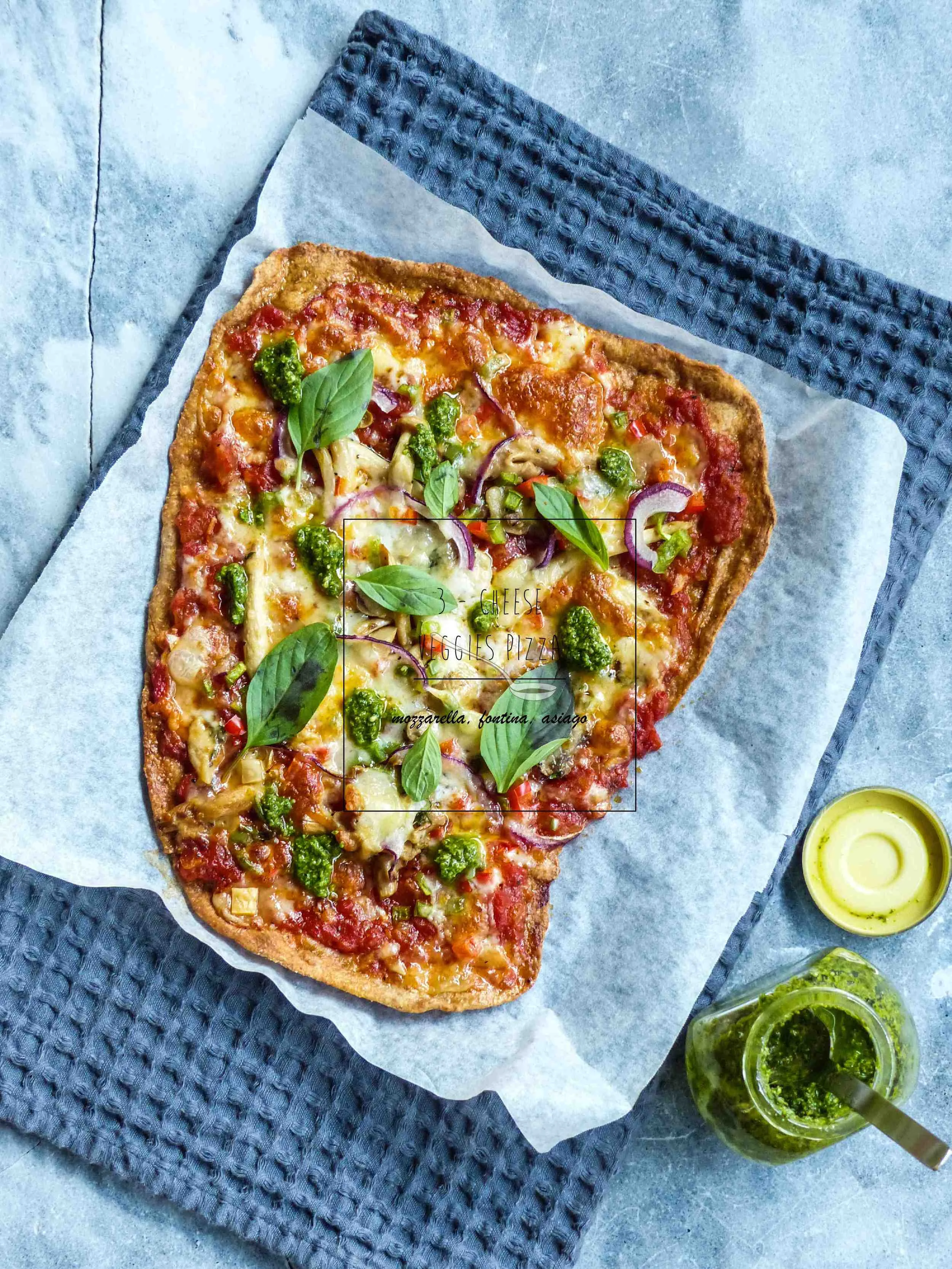 Servings: 3 thin crusted pizzas (1 pizza for each person) Preparation Time: 2 - 2.5 hours Cooking Time: 20 minutes Ingredients for the pizza dough: 3 cups wholemeal flour 4 tsp active dry yeast 2 tsp baking powder 1 tsp salt 2 tbsp sugar 1/4 cup olive oil 1.25 cup warm water Ingredients for toppings: 1/2 green and 1/2 red capsicums, small diced 1/4 small red onion, thinly sliced 1 bowl cooked mushrooms* (button, oyster, and shiitake) 2 cup grated fontina, mozzarella, and asiago cheese 1 bunch fresh basil leaves (to be added after the pizza is removed from the oven) 2-3 tbsp fresh pesto (to be added after the pizza is removed from the oven) Ingredients for tomato sauce: 1/2 small onion, finely chopped 1 garlic clove 1/2 chili, finely chopped 1 bay leaf 1 can tomato sauce extra-virgin olive Instructions for the tomato sauce: 1) Preheat a saucepan with oil on medium low heat, cook onion for 3 minutes, add garlic and chili, cook 1-2 minutes. 2) Add chopped tomato and bay leaf. Cook 1-2 minutes then reduce heat to simmer 8-10 minutes with a lid on. 3) Use a potato masher to mash the sauce. Instructions for the pizza: 1) In a small bowl, mix warm water, yeast, and sugar. Let it sit for 10 minutes until foam is formed. 2) In a large mixing bowl, add flour, baking powder, and salt. Form a well in the flour, combine the foamed mixture and knead the dough for 10 minutes. (sprinkle a little flour if the dough is too wet as you knead by hands) 3) Rub a little oil inside the bowl, cover the bowl with a wet towel and let the dough rise for 1 hour. It should doubled its size. 4) On a well floured surface, divide the dough to 3 equal portions. Flatten each dough to a thin crust with a rolling pin. 5) Preheat the oven at 200ºC. Place each crust on a baking tray with a drizzle of olive oil on the baking sheet. 6) Spread the tomato sauce and add pizza toppings evenly to each pizza crust. 7) Bake for 20 minutes. Garnish with fresh basil leaves and fresh pesto before serving. 