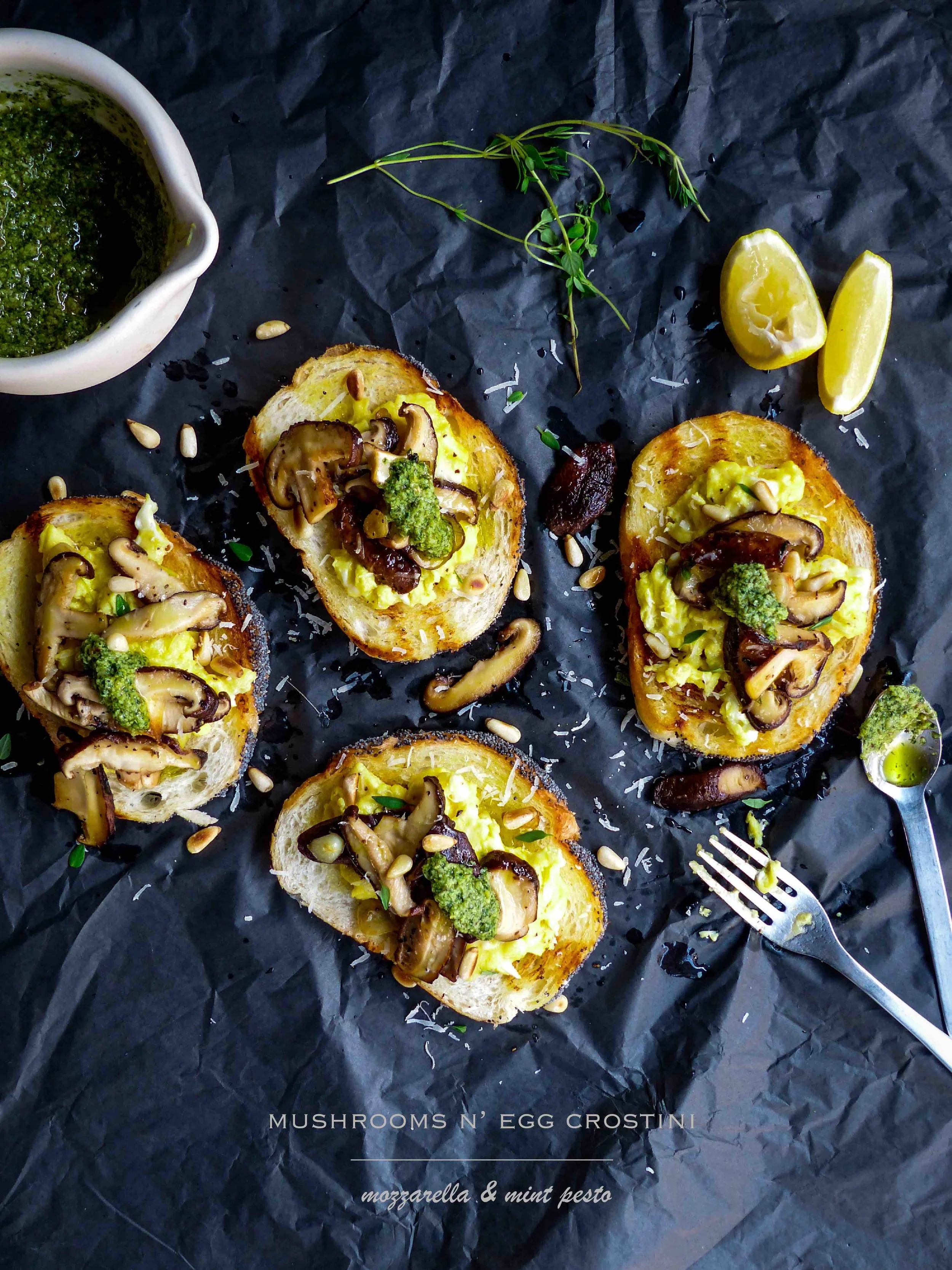 Mushrooms and egg with mozzarella cheese crostini 