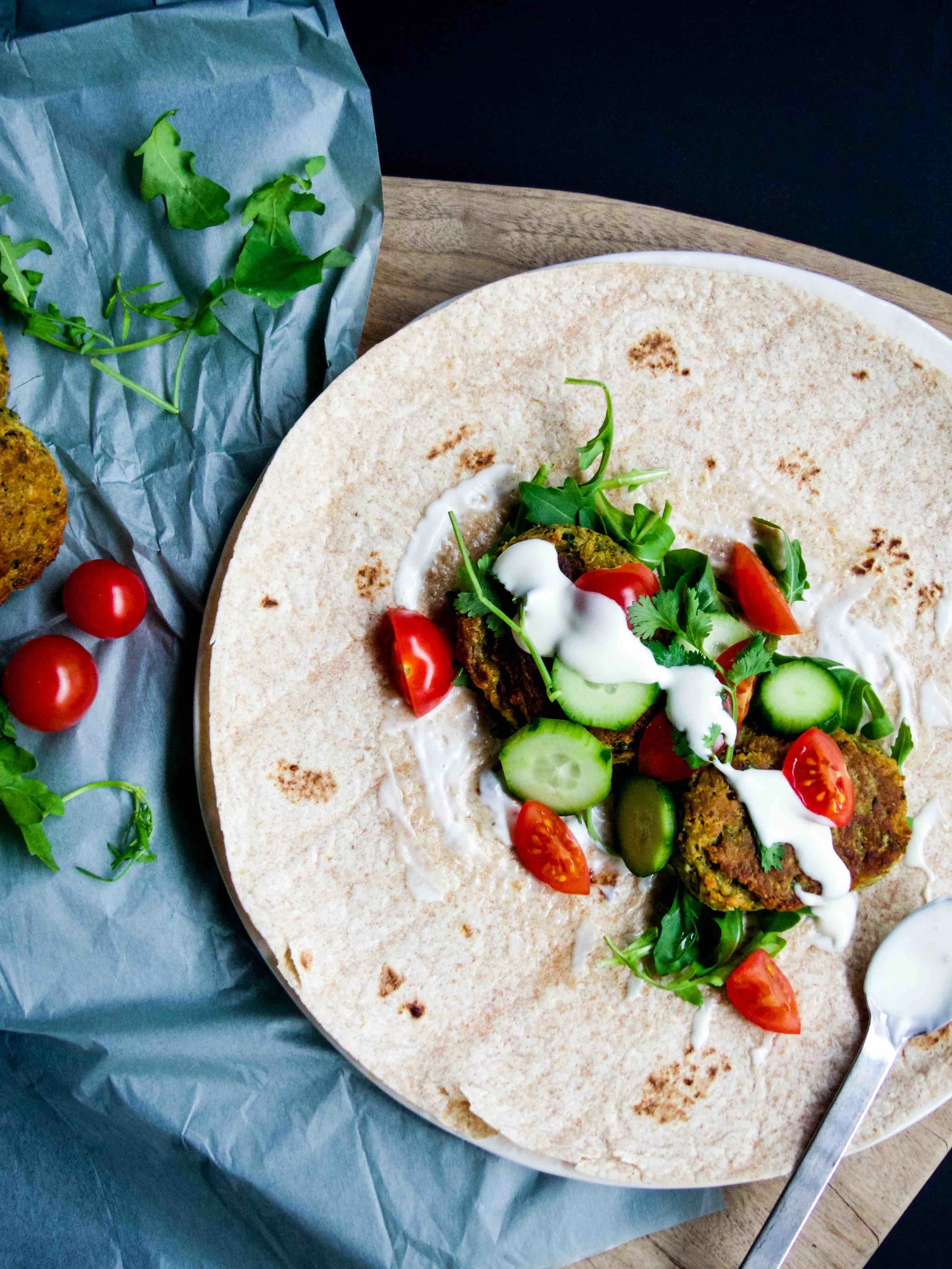 Oven-baked falafel and fresh lime yogurt dressing tortilla wrap