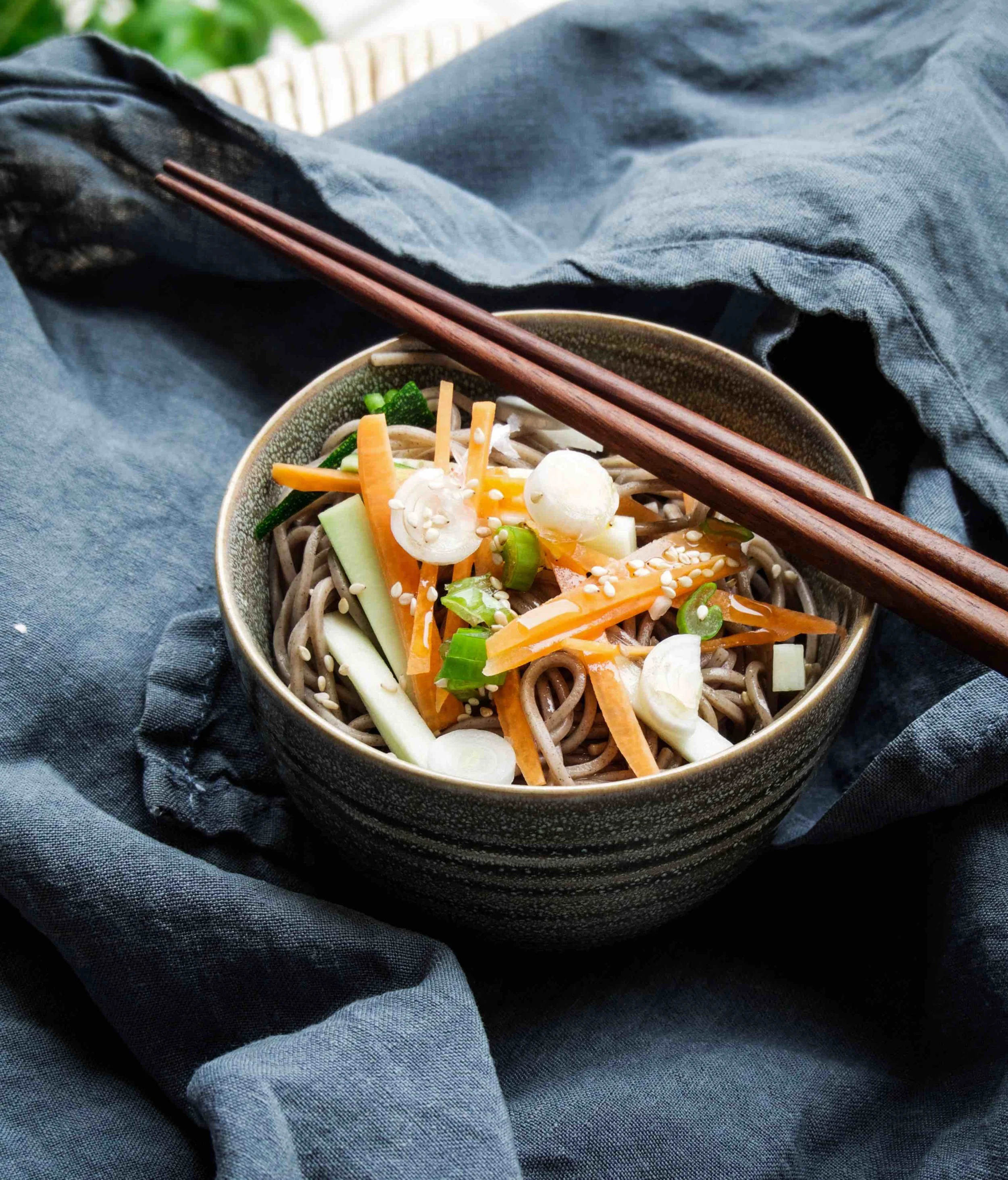 Cold Veggies Soba - another extremely easy soba salad I like to make for cooling the steamy hot summer. Ingredients for dressing: 1/4 soy sauce 1/3 water 1 tsp minced garlic 1 tsp chopped spring onion 1 tsp minced ginger 1 tbsp mirin 1/2 chili, seeded, finely chopped 1/4 lemon or 1/2 lime juice and zest 2-3 tbsp sesame oil extra-virgin olive oil