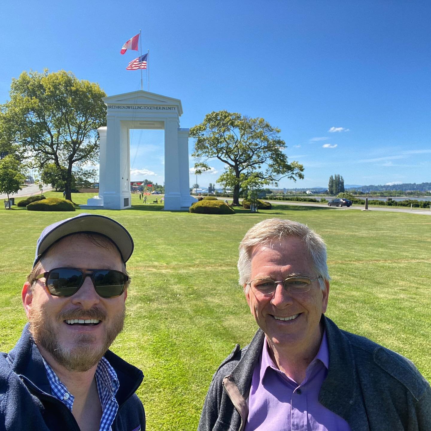 Hi from #peacearchpark with charming #ricksteves where we walked over to #canada without a passport!