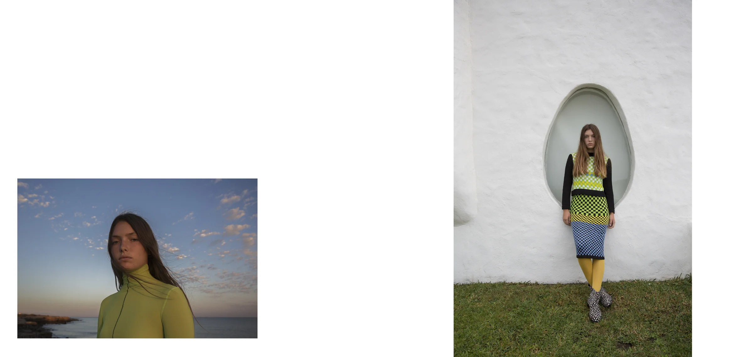 Left: Remera larga Alen. Right: Sweater, pollera y medias Matias Hidalgo , botas Lucas Sánchez