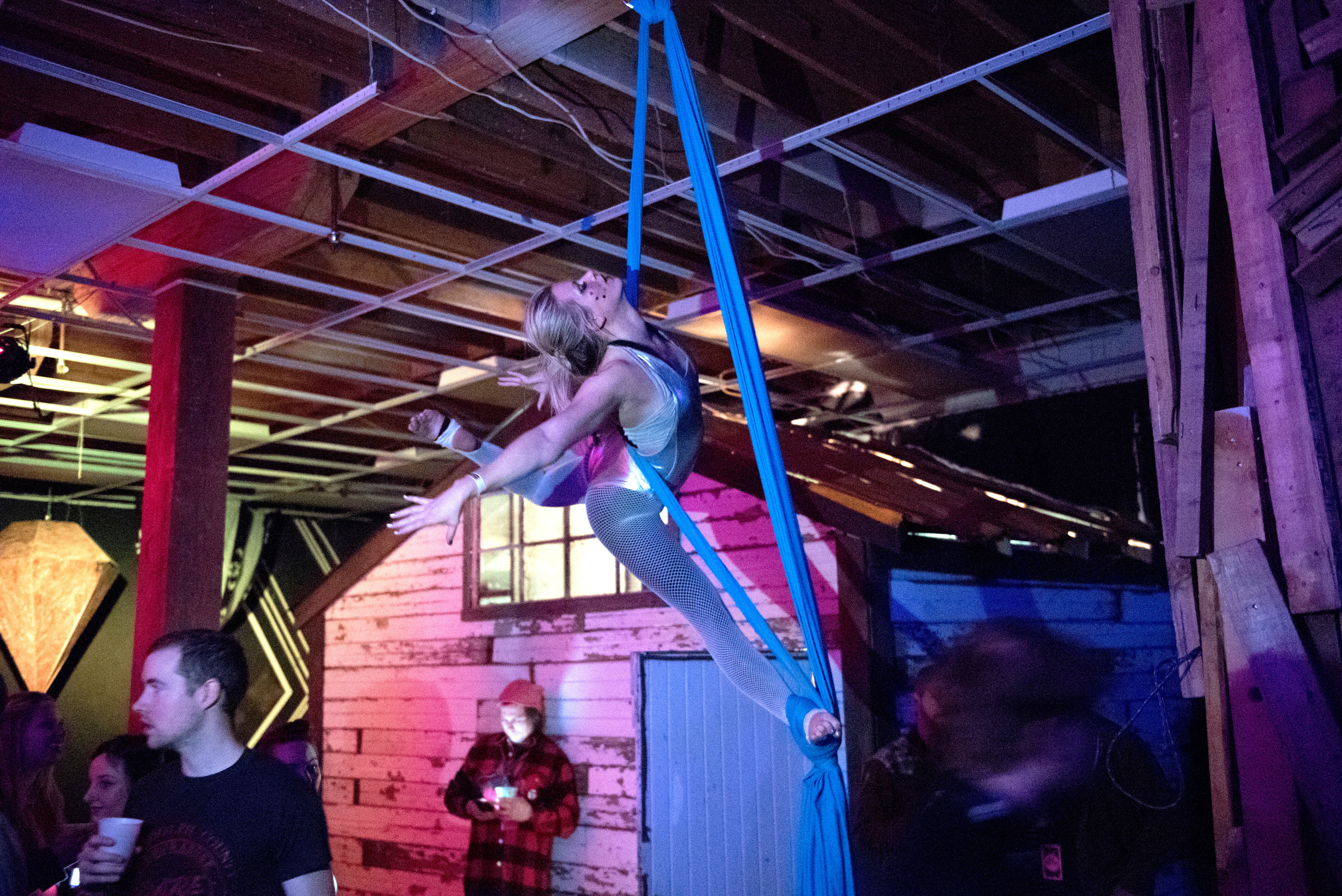Erin dancing on silk at the True/False Directors' Party, March 2015.