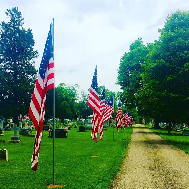 Today&rsquo;s walk. Our regular stroll through the cemetery. The flags are brought in every Memorial Day. Each one beard the name of a Mineral Point veterans who have passed away  on. I saw Roland&rsquo;s it made my eyes well up. #foreverinourhearts 