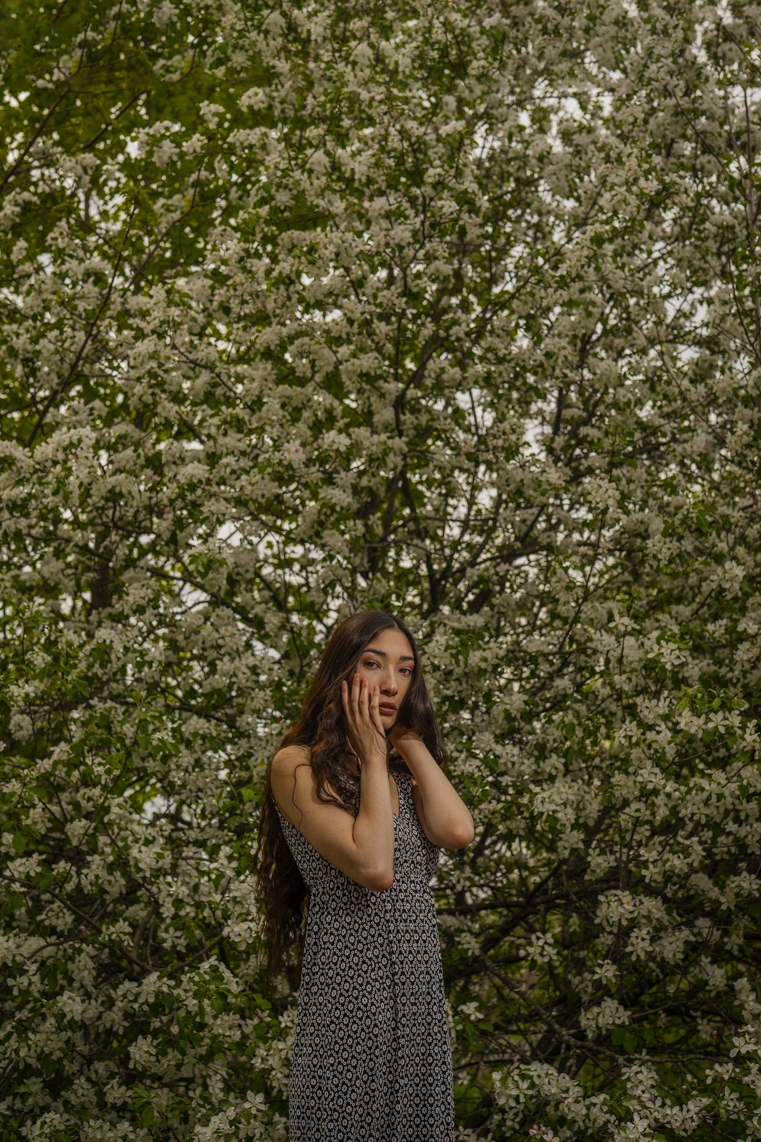 Young woman with long brown hair wearing a black and white patterned sleeveless dress, standing outdoors in front of a blooming white flowered tree, gently touching her face with both hands, and looking at the camera.