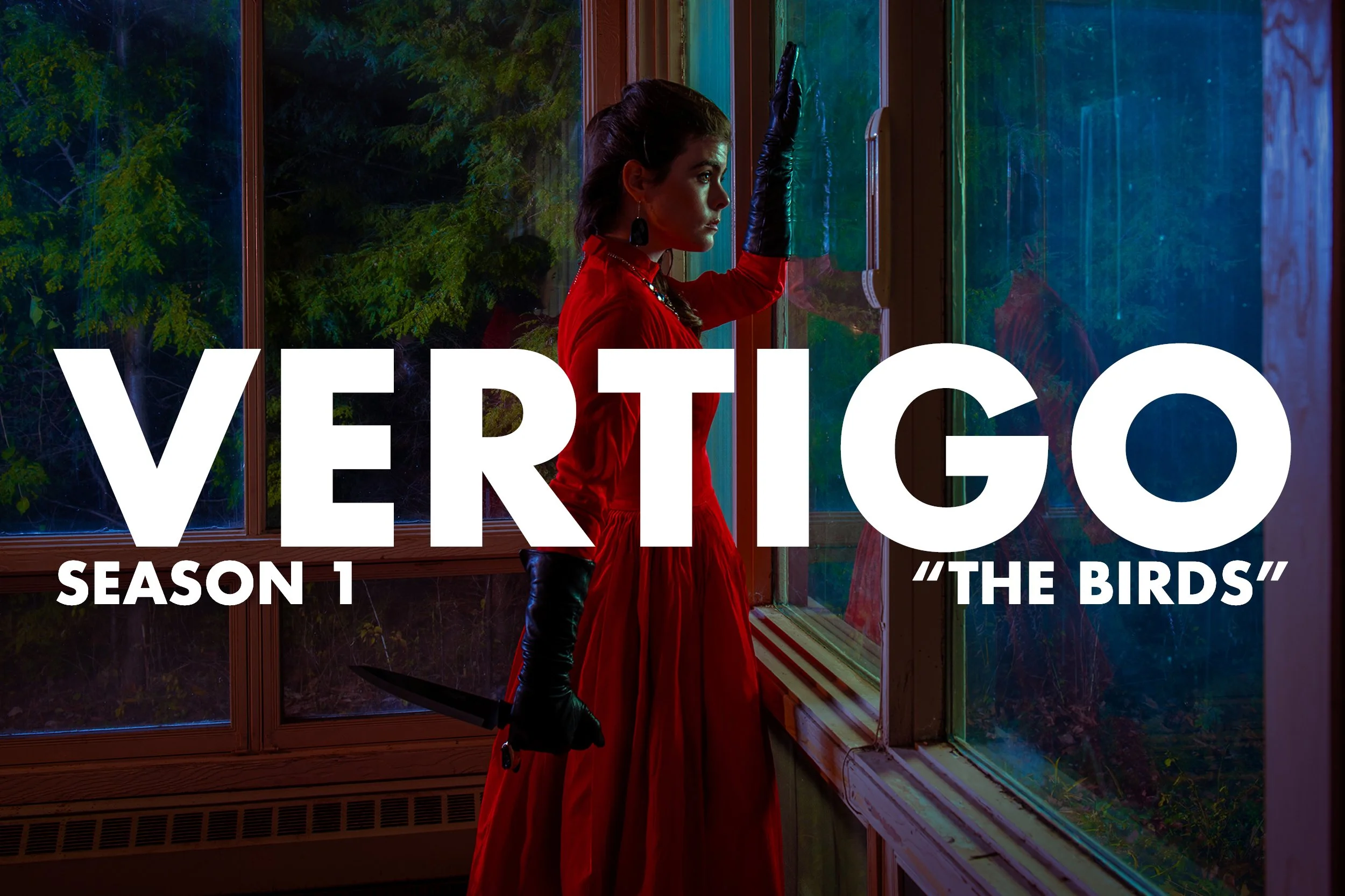 A woman in a red dress and black gloves standing by a window looking outside at nature during nighttime, with large white text overlay saying "VEREGO" and smaller text "SEASON 1" and "THE BIRDS".