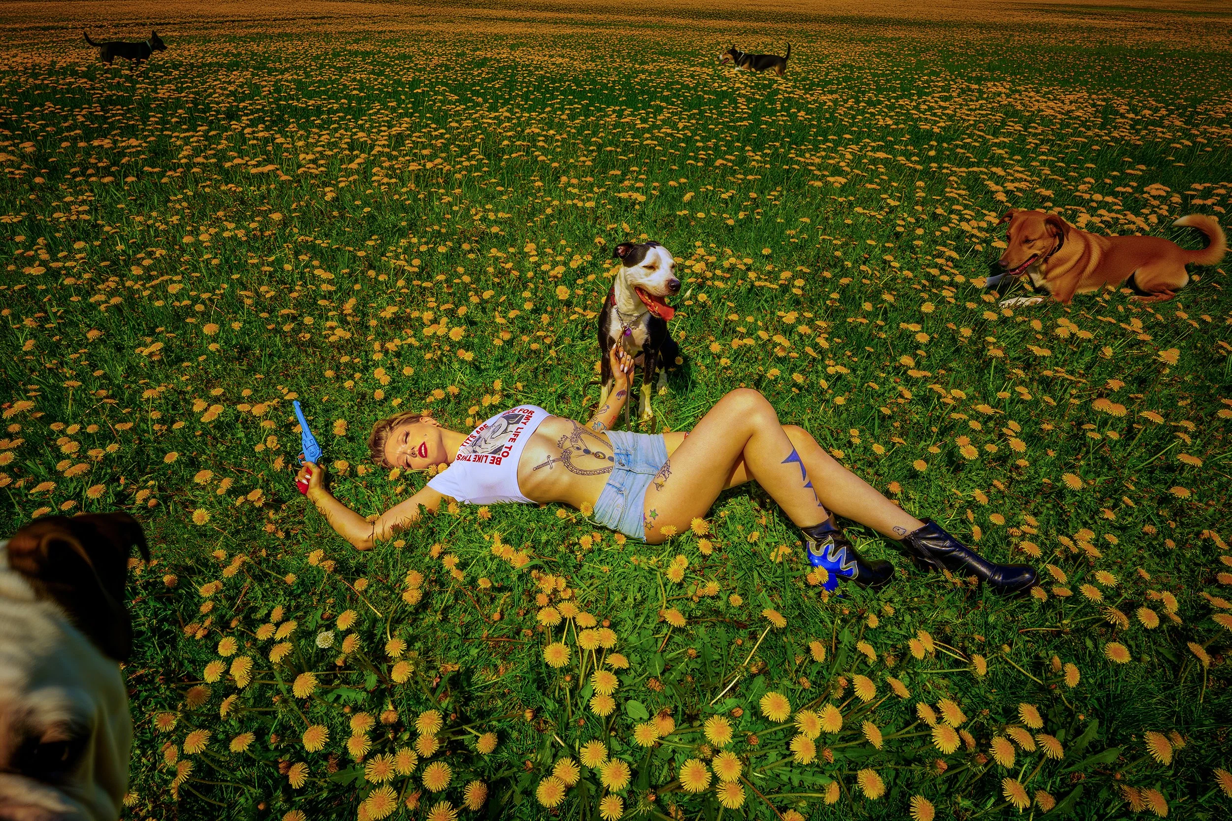 A woman with tattoos lying on a field of yellow dandelions, surrounded by four dogs.