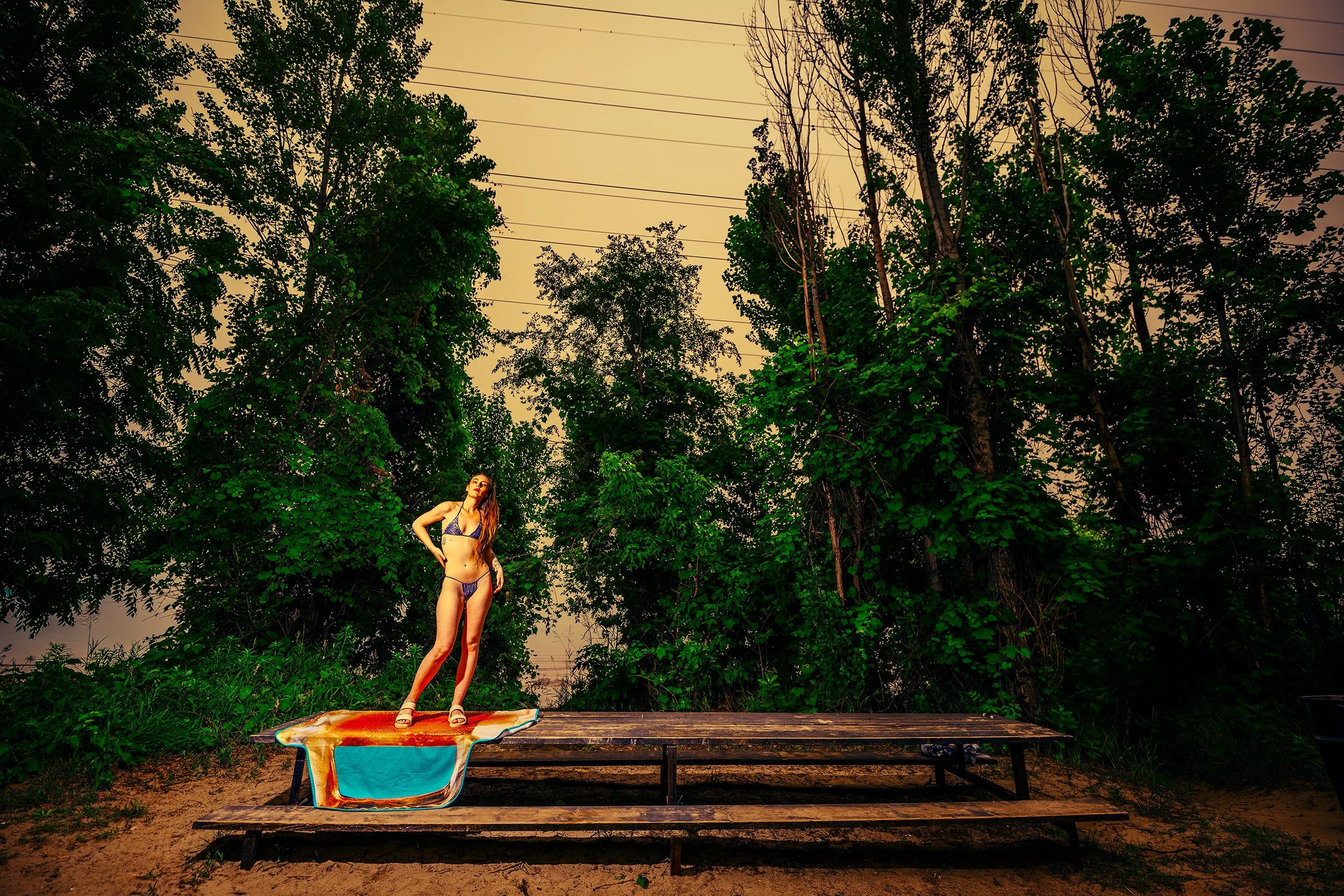 A woman wearing lingerie is standing on a surfboard on a picnic table outdoors in a wooded area during sunset. There are trees, power lines, and a partly cloudy sky in the background.