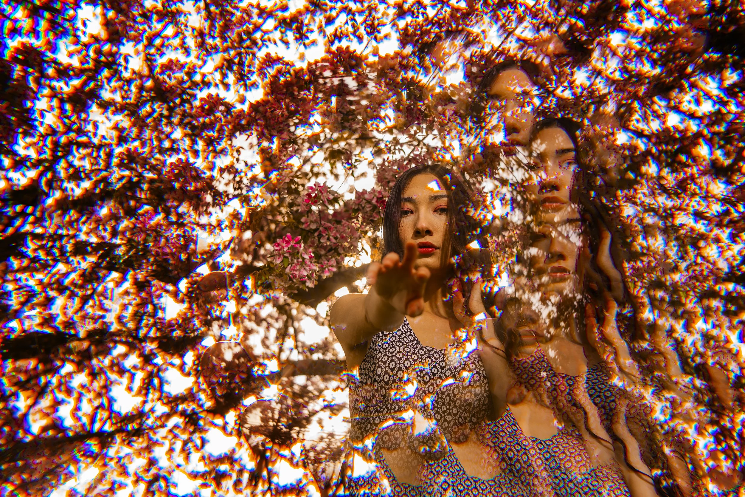 A woman is reaching out her hand towards a mirror or reflective surface, which creates a layered effect with multiple reflections of her face. The background is filled with vibrant pink foliage and sunlight filtering through the leaves.