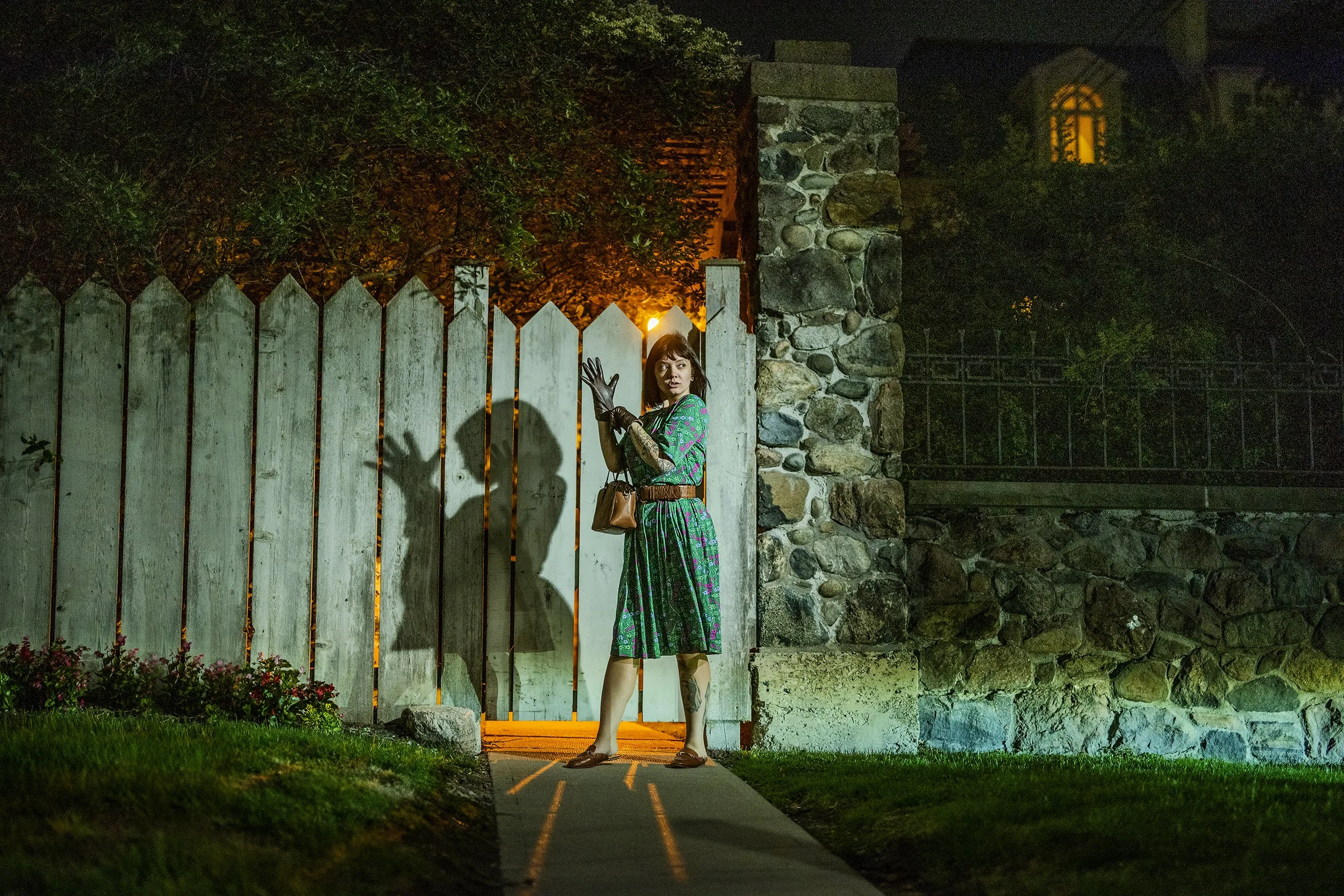 A woman stands outside at night near a wooden gate, with her silhouette cast on the gate. She is wearing a green patterned dress, black gloves, and brown shoes, and is holding her hands up. There are stone walls and a lit window in the background, wi