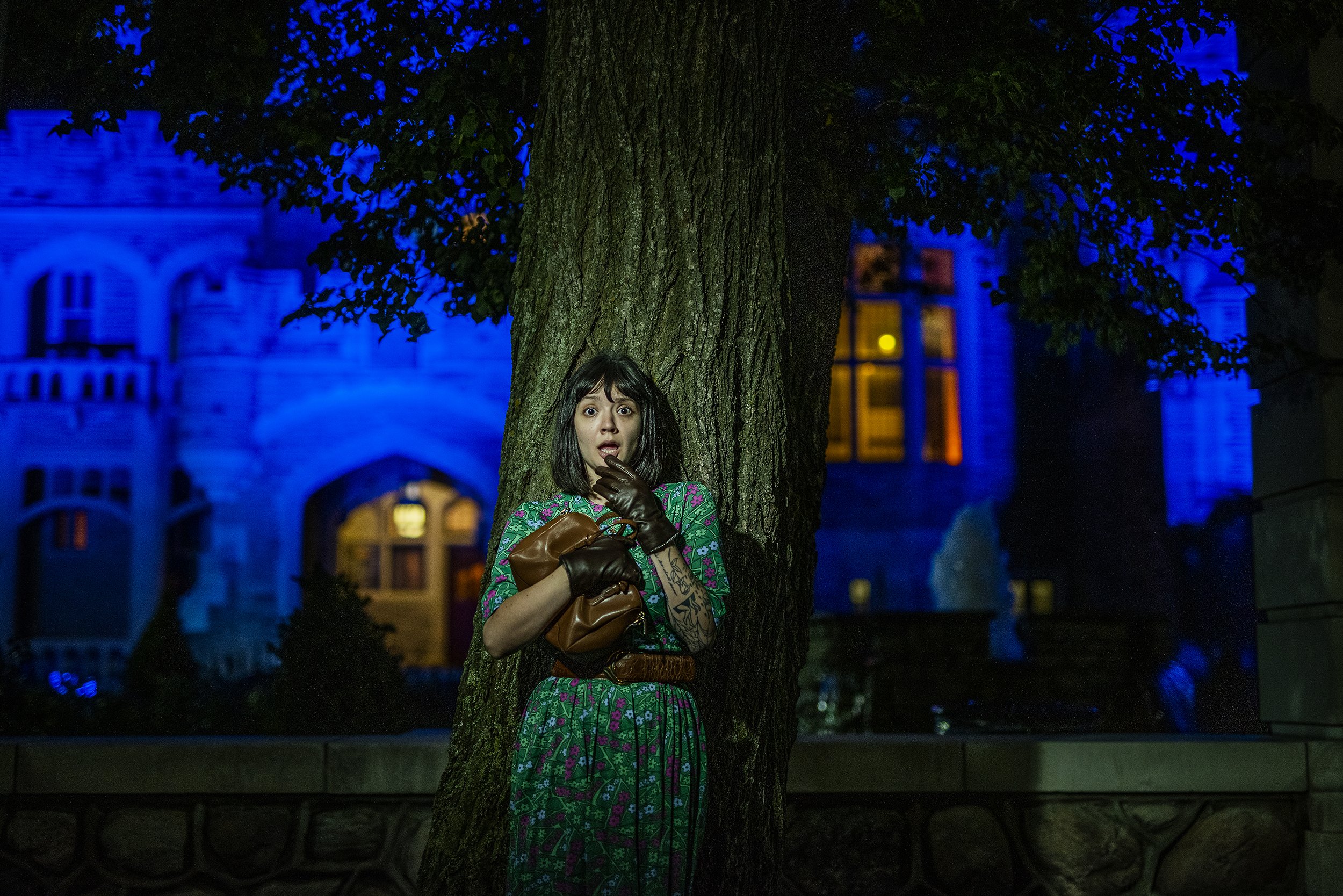 A woman with dark hair, wearing a colorful patterned dress and brown gloves, stands behind a tree at night, looking surprised or startled. The background features a large, historic building illuminated with blue and warm yellow lights.